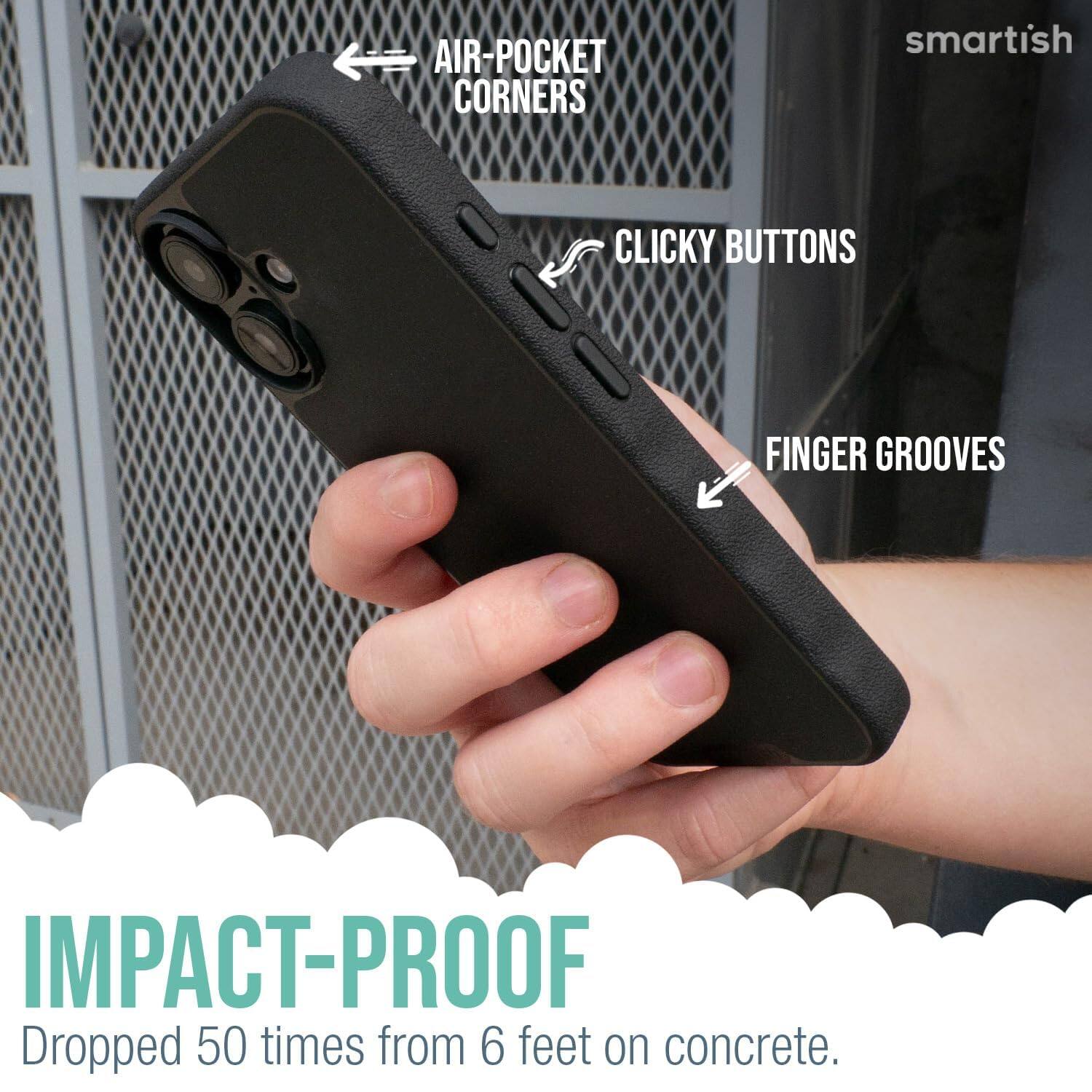 AIR-POCKET CORNERS  
CLICKY BUTTONS  
FINGER GROOVES  
IMPACT-PROOF  
Dropped 50 times from 6 feet on concrete.