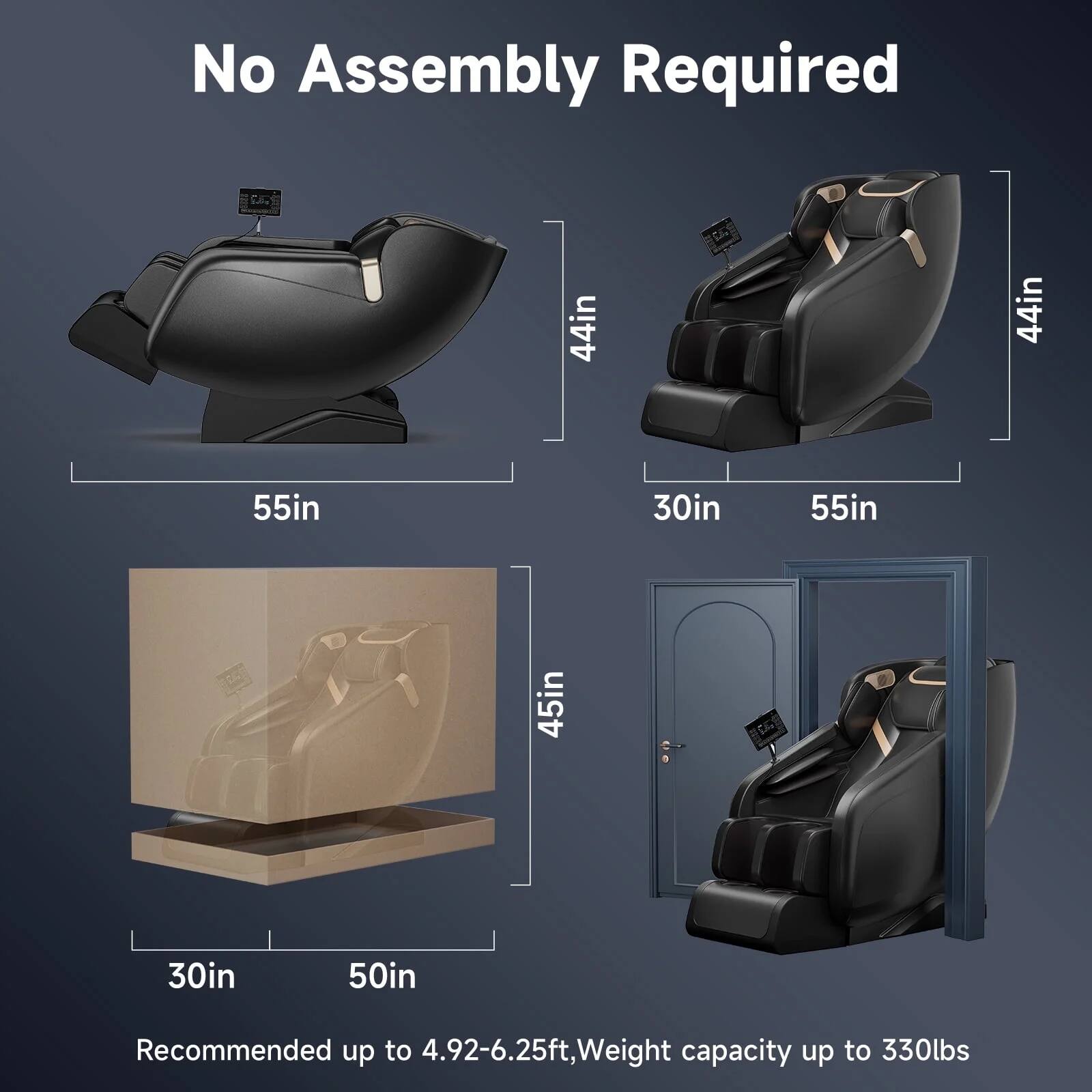 No Assembly Required

44in x 44in x 55in x 30in x 55in x 45in x 30in x 50in

Recommended up to 4.92-6.25ft, Weight capacity up to 330lbs