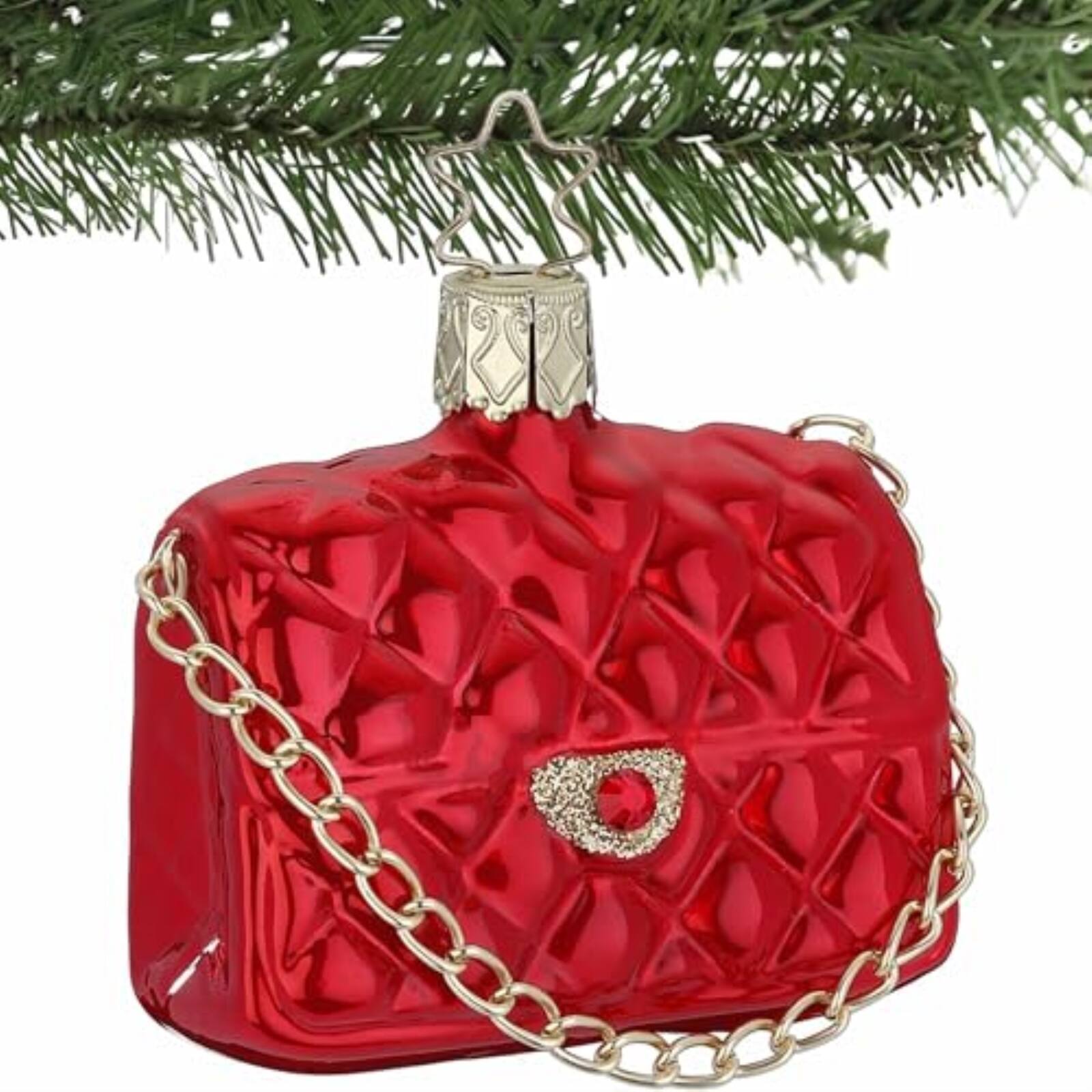 Angle. Inge Glas - Inge Glas Fancy Red Clutch Purse Bag German Glass Christmas Ornament FREE BOX - Red.