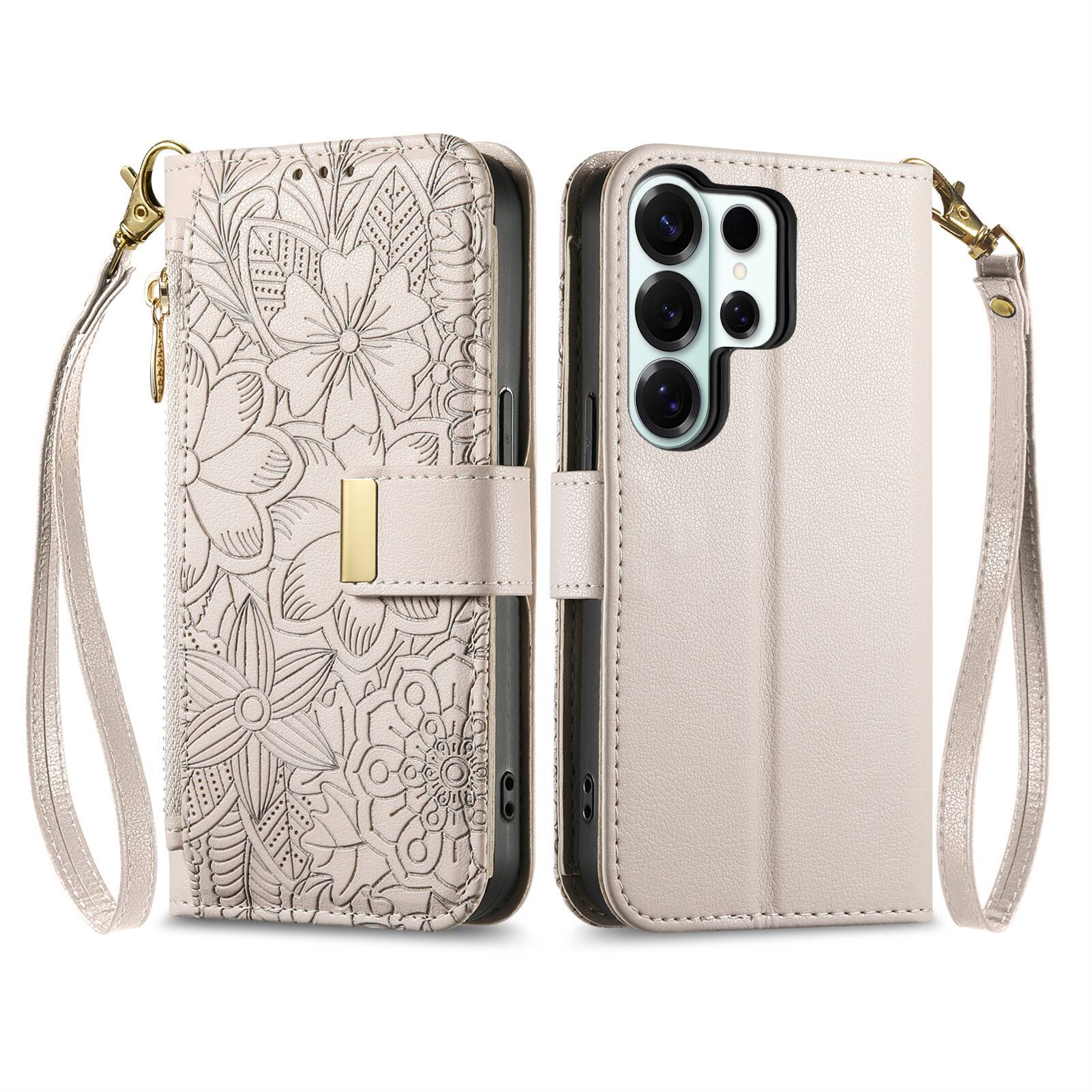 Angle. UUCOVER - Floral PU Leather Wallet Case for Samsung Galaxy S26 Ultra with Zipper Pocket, Cash Card Slot, Shoulder & Wrist Strap - Beige.
