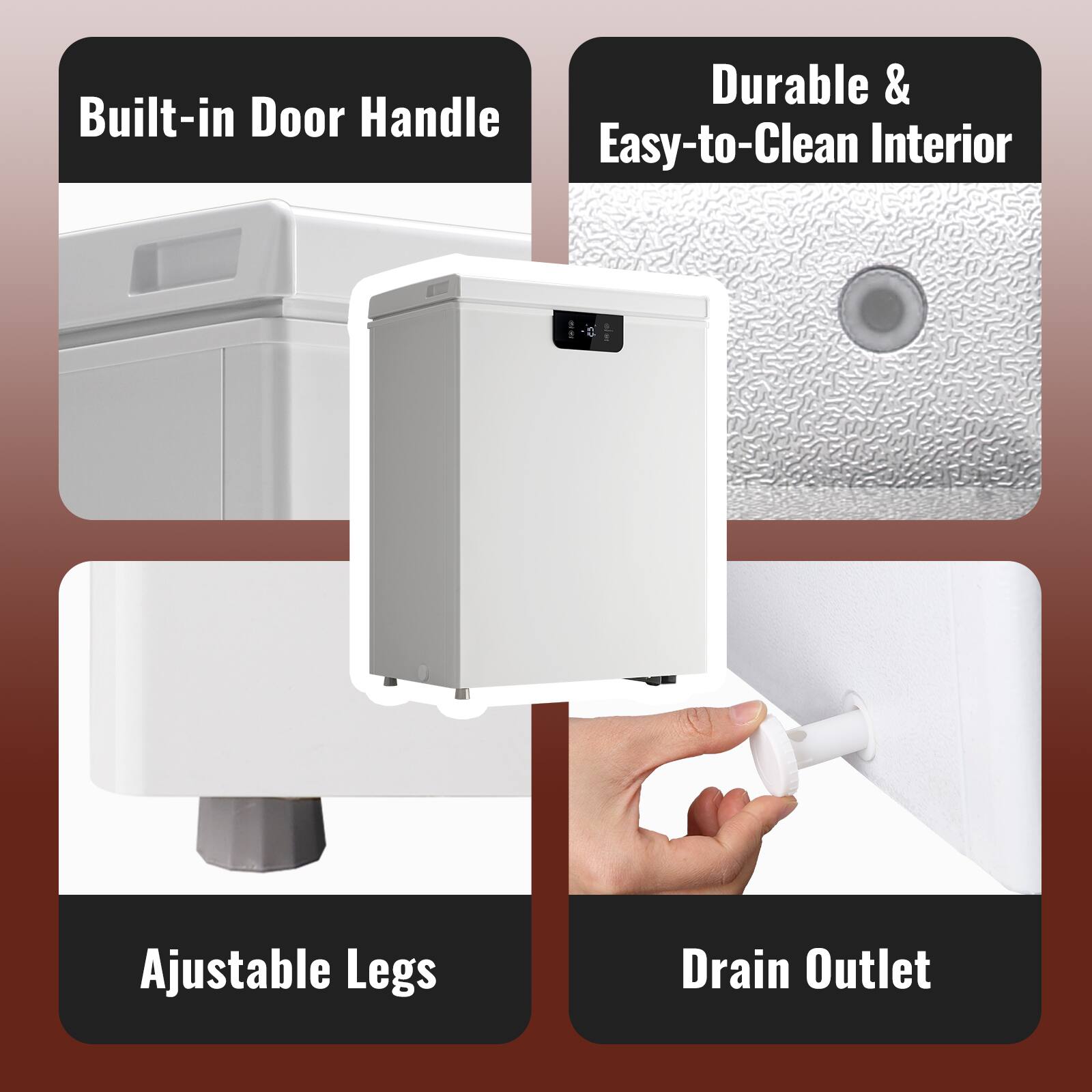 - Built-in Door Handle
- Durable & Easy-to-Clean Interior
- Adjustable Legs
- Drain Outlet