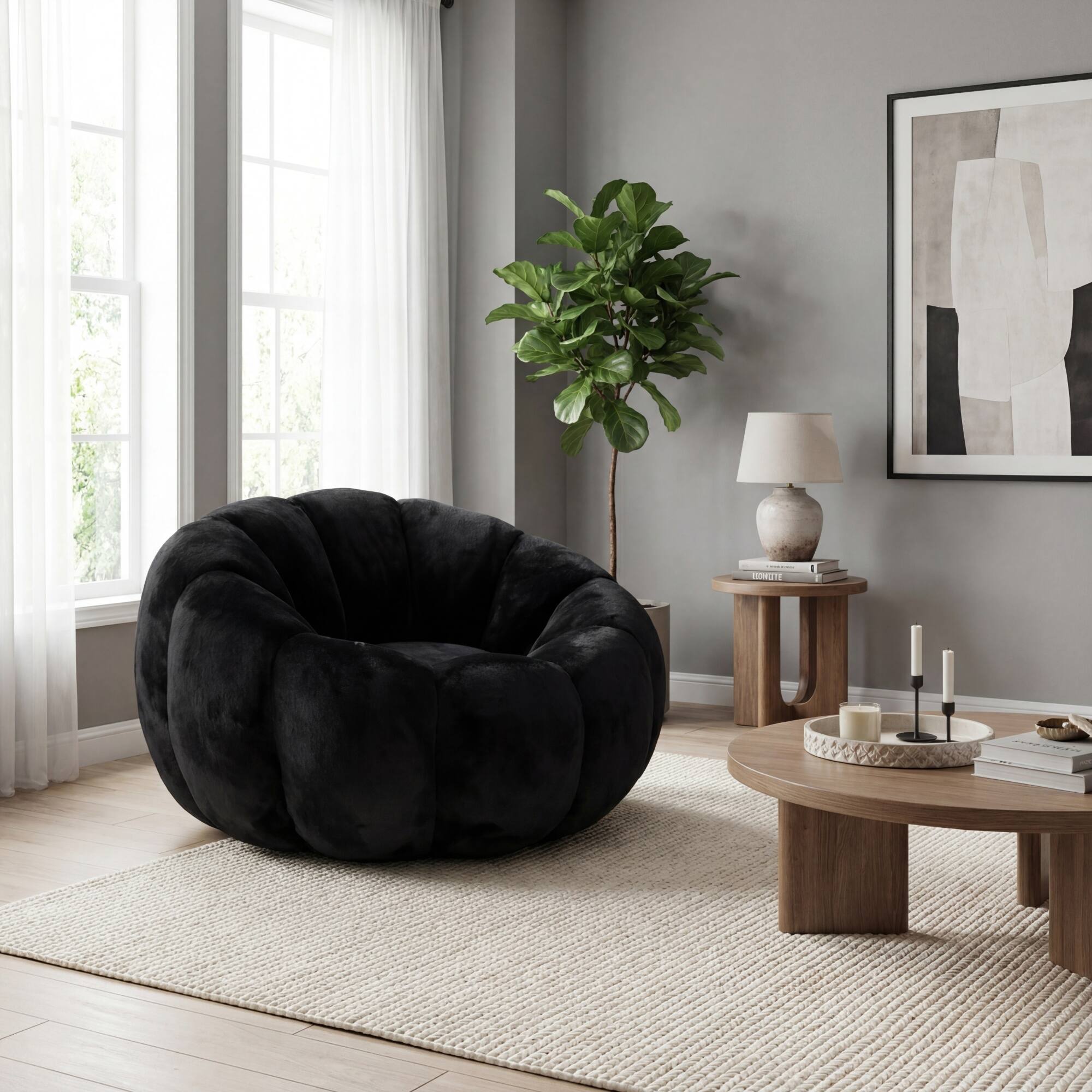 Angle. GOODSILO - Floral-Shaped Faux Fur Bean Bag Sofa, Ultra-Soft Large Reading Chair for Living Room or Bedroom, Single-Seater - Black.
