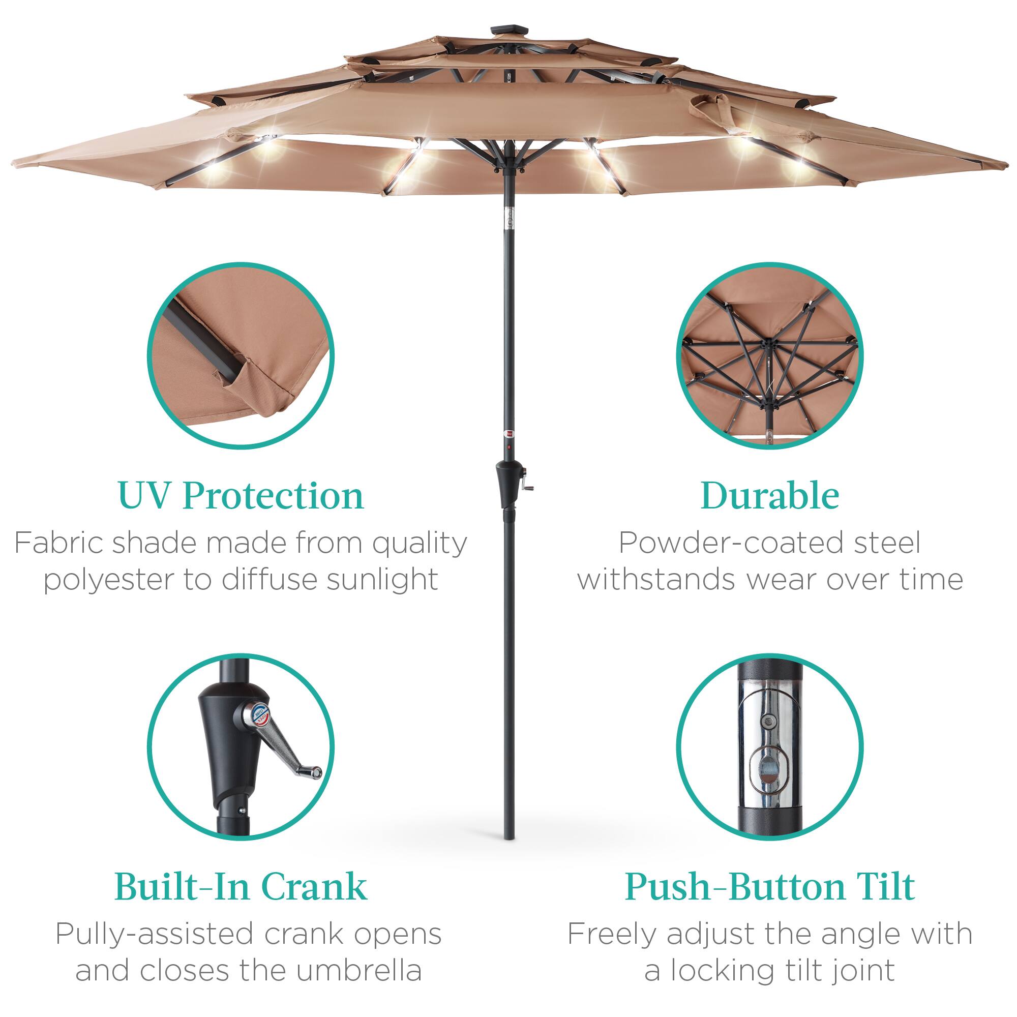 - UV Protection  
  Fabric shade made from quality polyester to diffuse sunlight

- Durable  
  Powder-coated steel withstands wear over time

- Built-In Crank  
  Pully-assisted crank opens and closes the umbrella

- Push-Button Tilt  
  Freely adjust the angle with a locking tilt joint