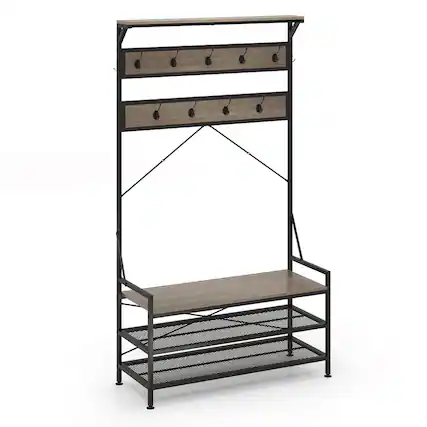 Front. Costway - Costway Coat Rack 4-In-1 Hall Tree with 11 Hanging Hooks, Shoe Bench, 2-Tier Shoe Rack - Gray,Black.