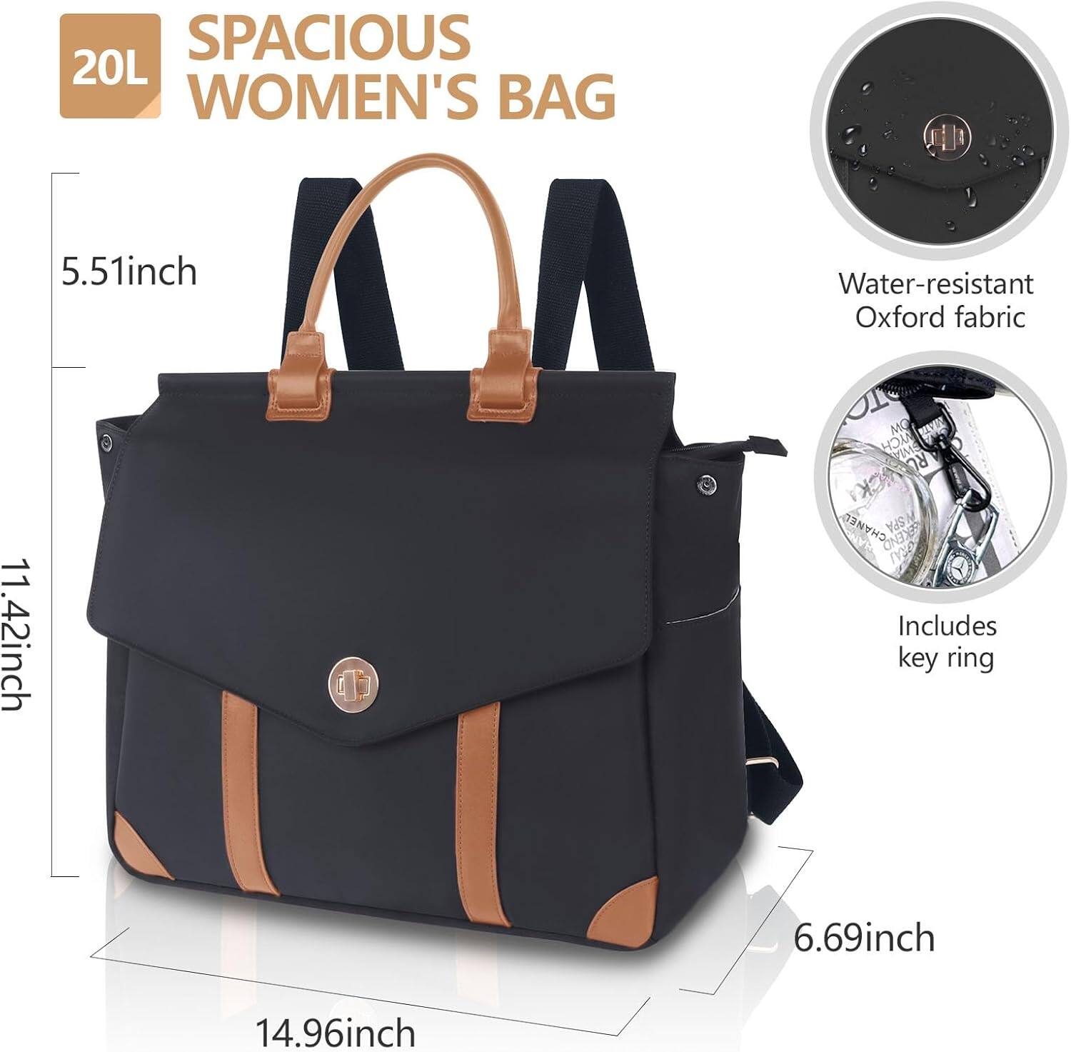 SPACIOUS 20L WOMEN'S BAG

- 5.51inch
- 11.42inch
- 14.96inch
- 6.69inch

Water-resistant Oxford fabric

Includes key ring