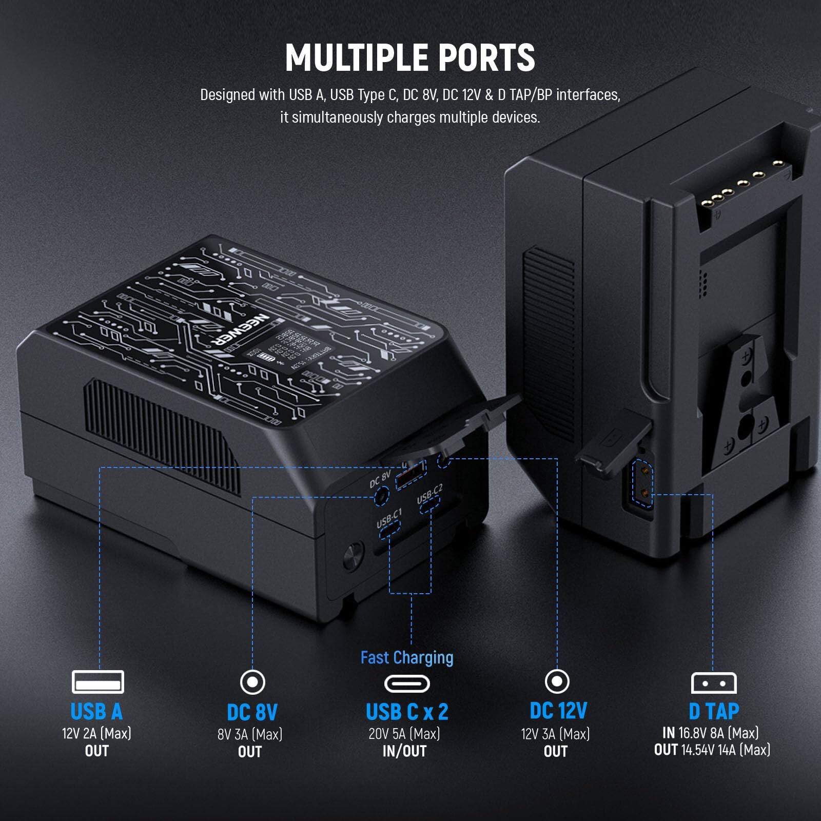 MULTIPLE PORTS  
Designed with USB A, USB Type C, DC 8V, DC 12V & D TAP/BP interfaces, it simultaneously charges multiple devices.  

NEEWER DC 8V USee2 USB-CI Fast Charging  
USB A 12V 2A (Max) OUT  
DC 8V 3A (Max) OUT  
USB C x 2 20V 5A (Max) IN/OUT  
DC 12V 12V 3A (Max) OUT  
D TAP IN 16.8V 8A (Max) OUT  
14.54V 14A (Max)