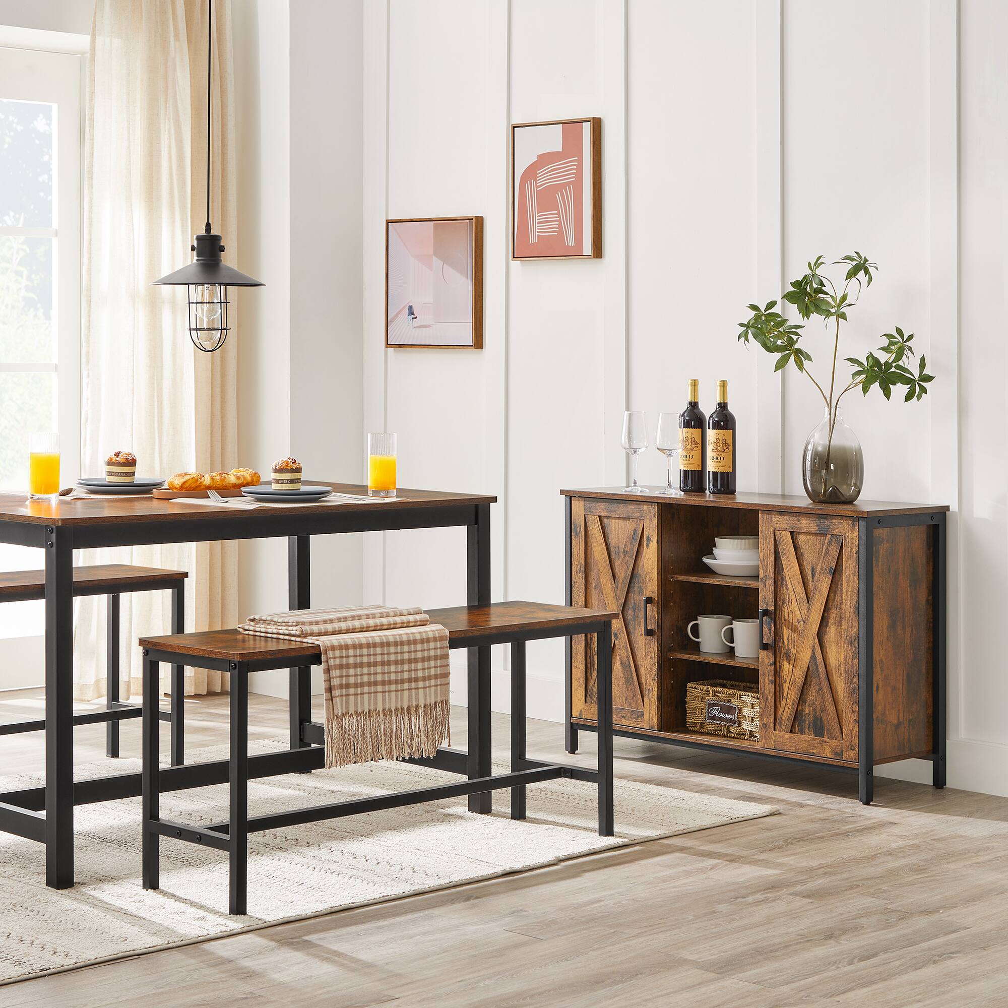 Left. Songmics Home - Dining Bench, Pair of 2, Industrial Style, Steel Frame, for Kitchen, Living Room, 12.8" D x 42.5" W x 19.7" H - Rustic Brown.