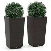 Costway - 23" Tall Planter Set of 2 for Indoor/ Outdoor Use Large Self-Watering Plant Pot - Brown - Front_Zoom