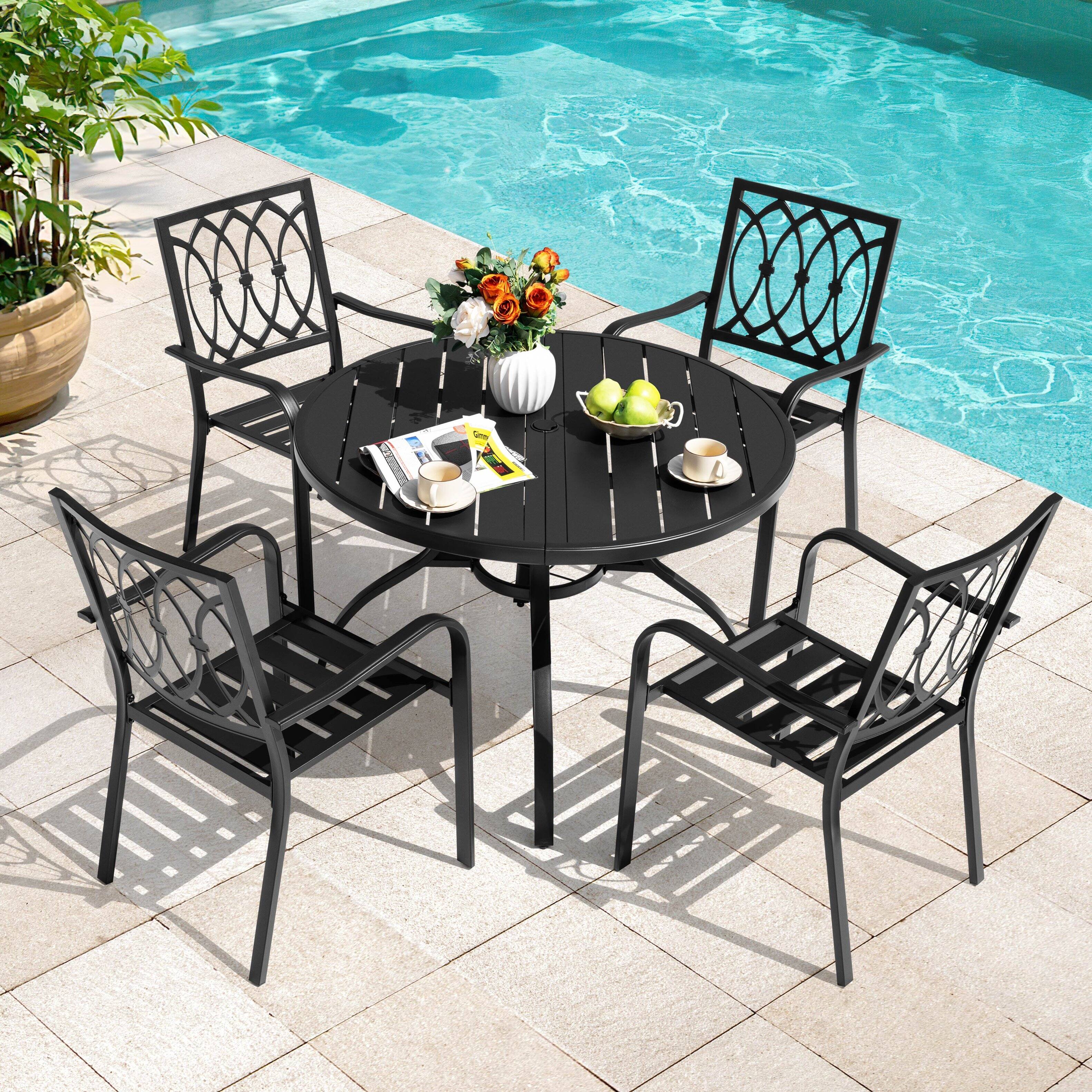 Left. Nuu Garden - 5-Piece Metal Patio Dining Set with Umbrella Hole and 4 Stackable Chairs - Black.