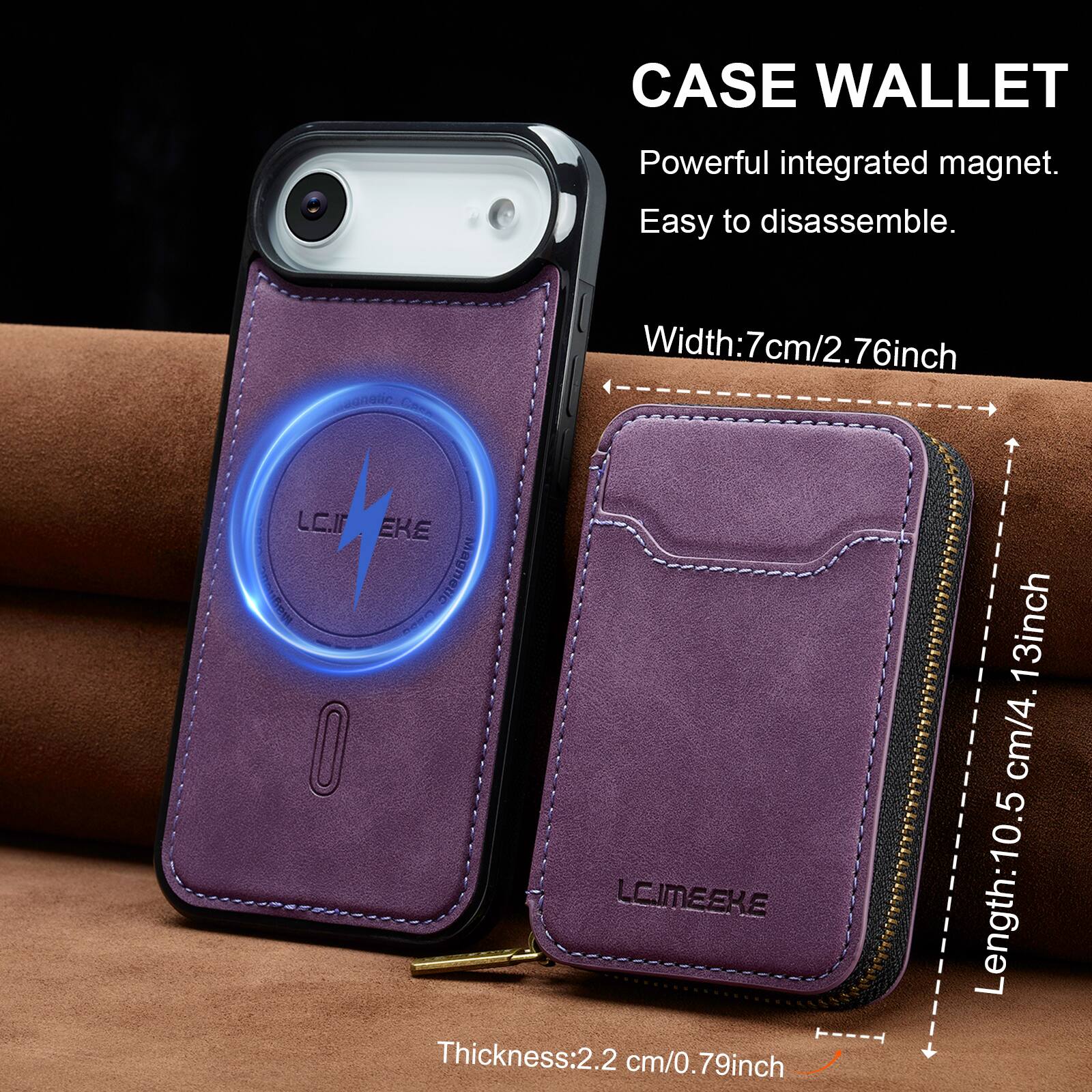 CASE WALLET  
Powerful integrated magnet.  
Easy to disassemble.  

Width: 7cm/2.76inch  
Thickness: 2.2 cm/0.79inch  
Length: 10.5 cm/4.13inch