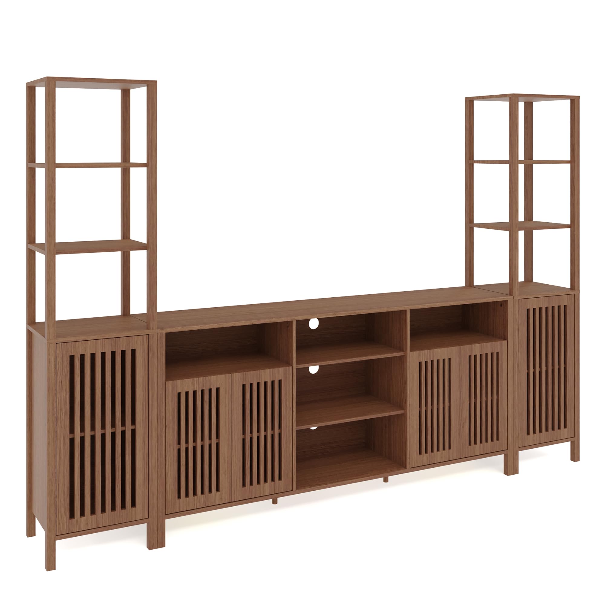Angle. Qeetex - 3-Piece Large TV Stand for TVs up to 70", Entertainment Center with Modular Bookshelves Cabinet, Doors & Shelves - Brown.