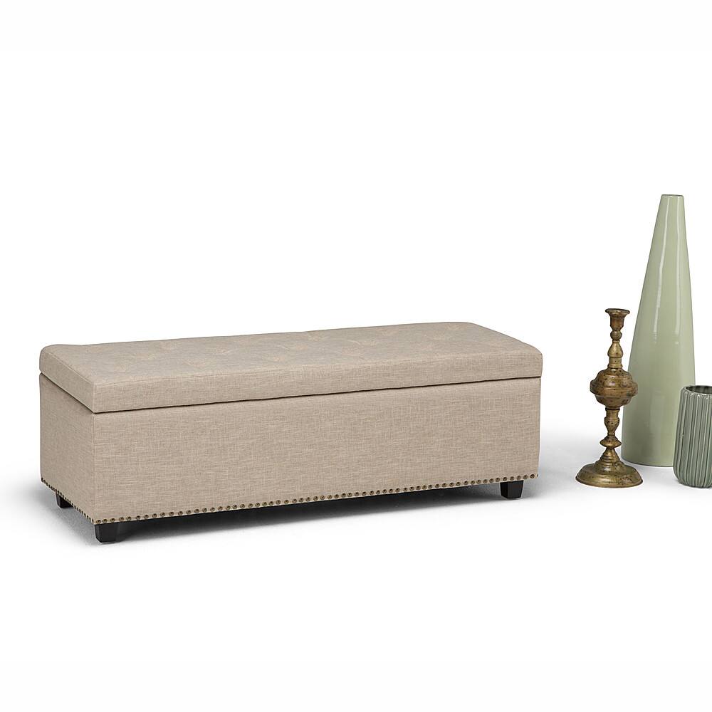 Left View: Simpli Home - Hamilton Rectangular Polyester Bench Ottoman With Inner Storage - Natural