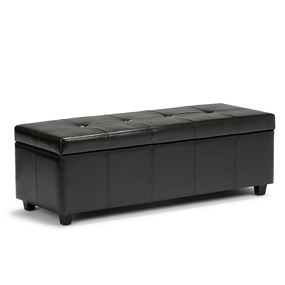 Front. Simpli Home - Castleford Rectangular Bonded Leather Bench Ottoman With Inner Storage - Midnight Black.