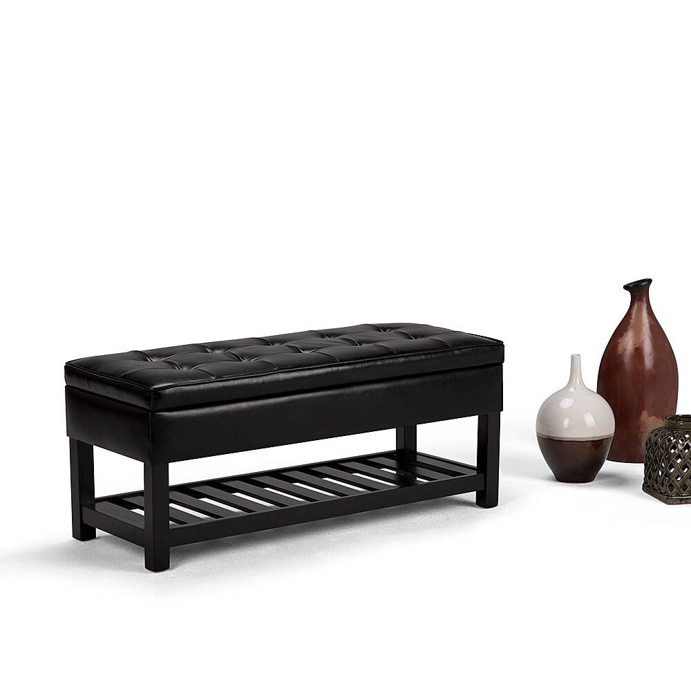 Left. Simpli Home - Cosmopolitan Rectangular Wood / Polyurethane Faux Leather Ottoman With Inner Storage - Midnight Black.