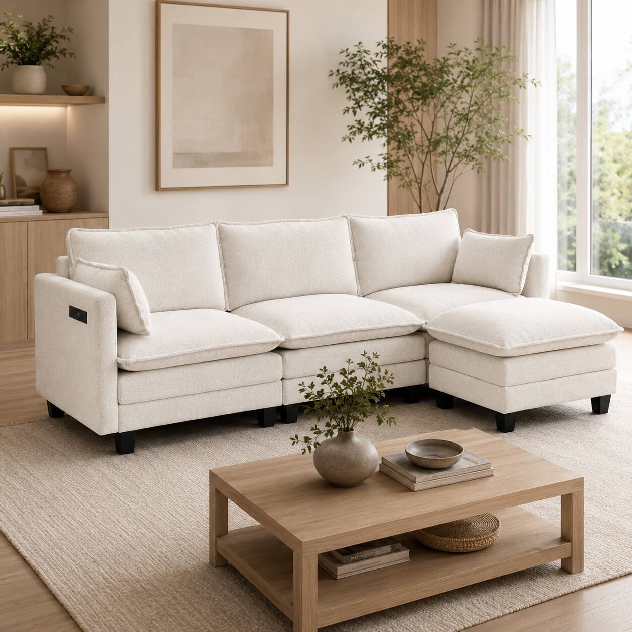 Left. Anysun - Modern Chenille 3-Seat Couch with Matching Ottoman, Built-in USB Ports and Side Pockets - Beige.