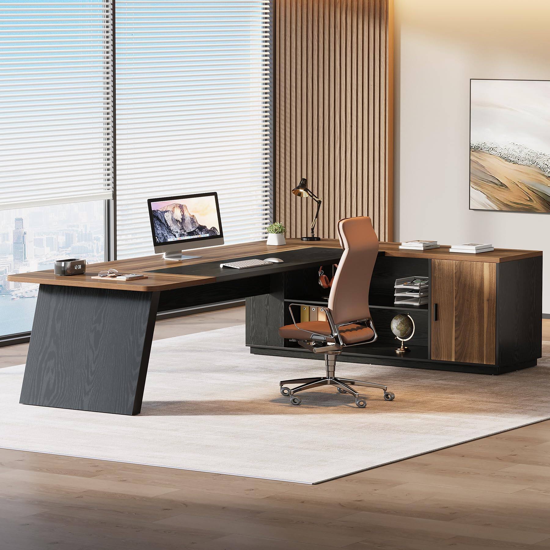 Left. Tribesigns - 79" Executive Desk, Large Office Desk with Cabinet, L-Shaped - Brown.