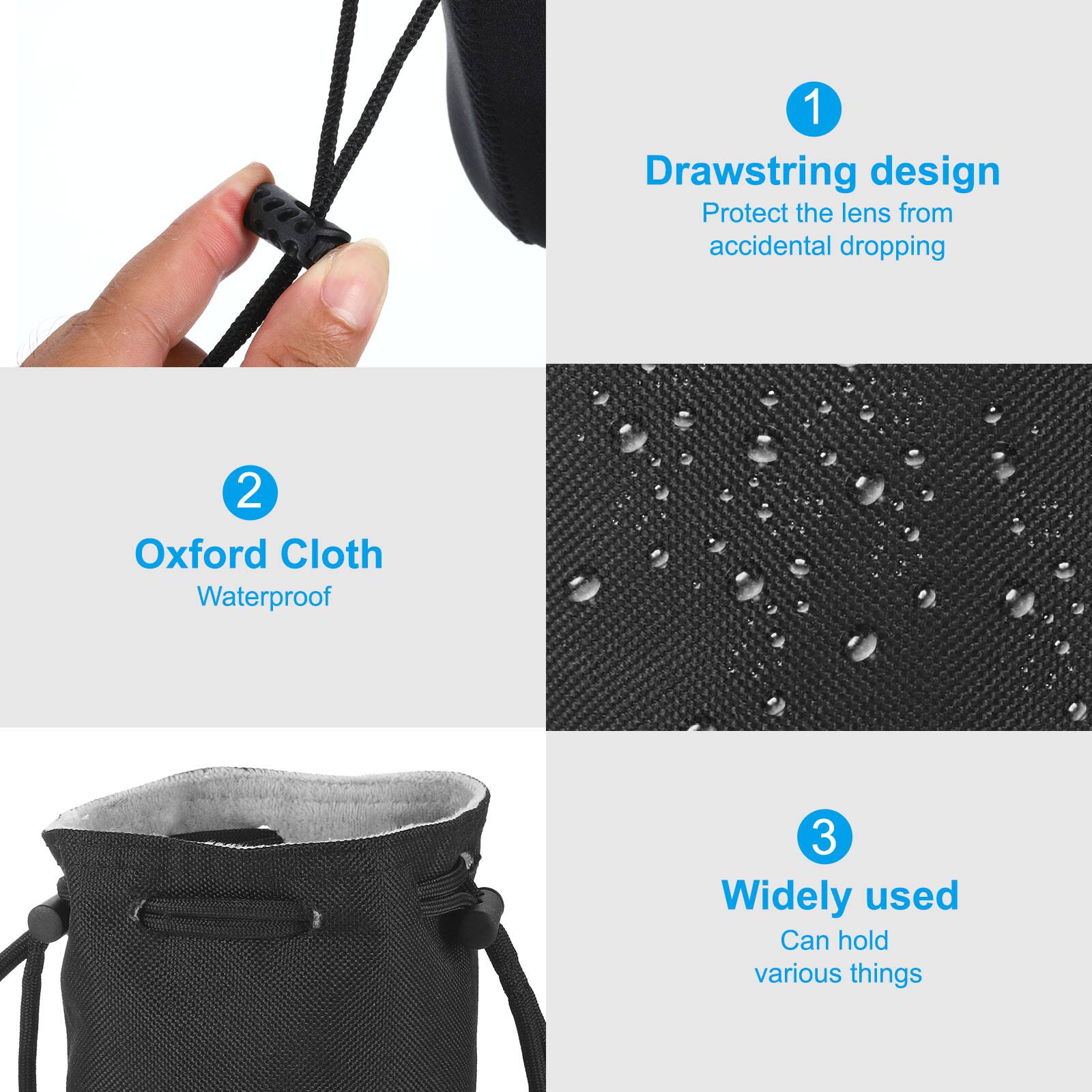 1. Drawstring design  
   Protect the lens from accidental dropping

2. Oxford Cloth  
   Waterproof

3. Widely used  
   Can hold various things