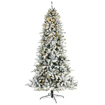 Front. BreeBe - 8’ Flocked Livingston Fir Christmas Tree 500 Clear LED - White, Green.
