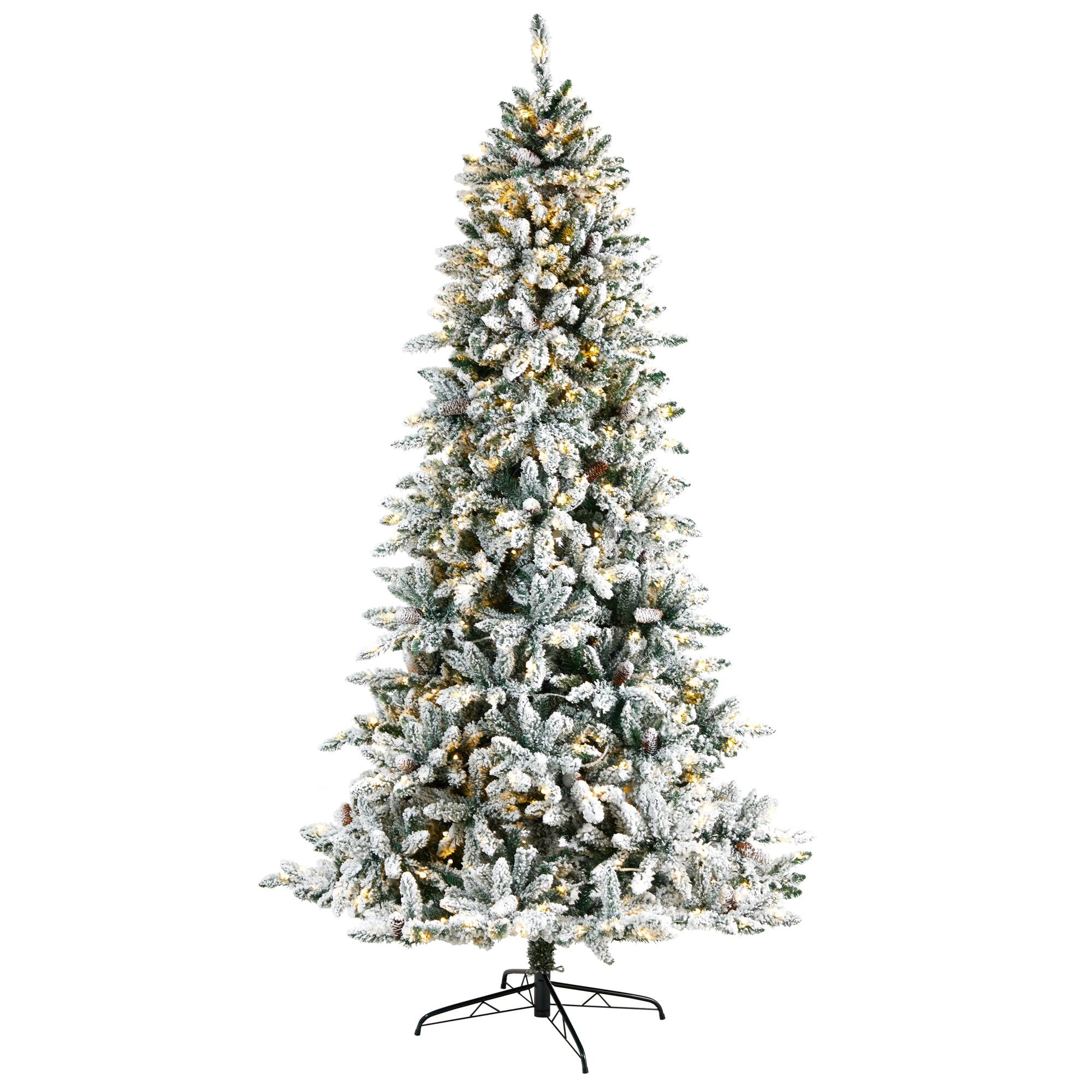 Front. BreeBe - 8’ Flocked Livingston Fir Christmas Tree 500 Clear LED - White, Green.