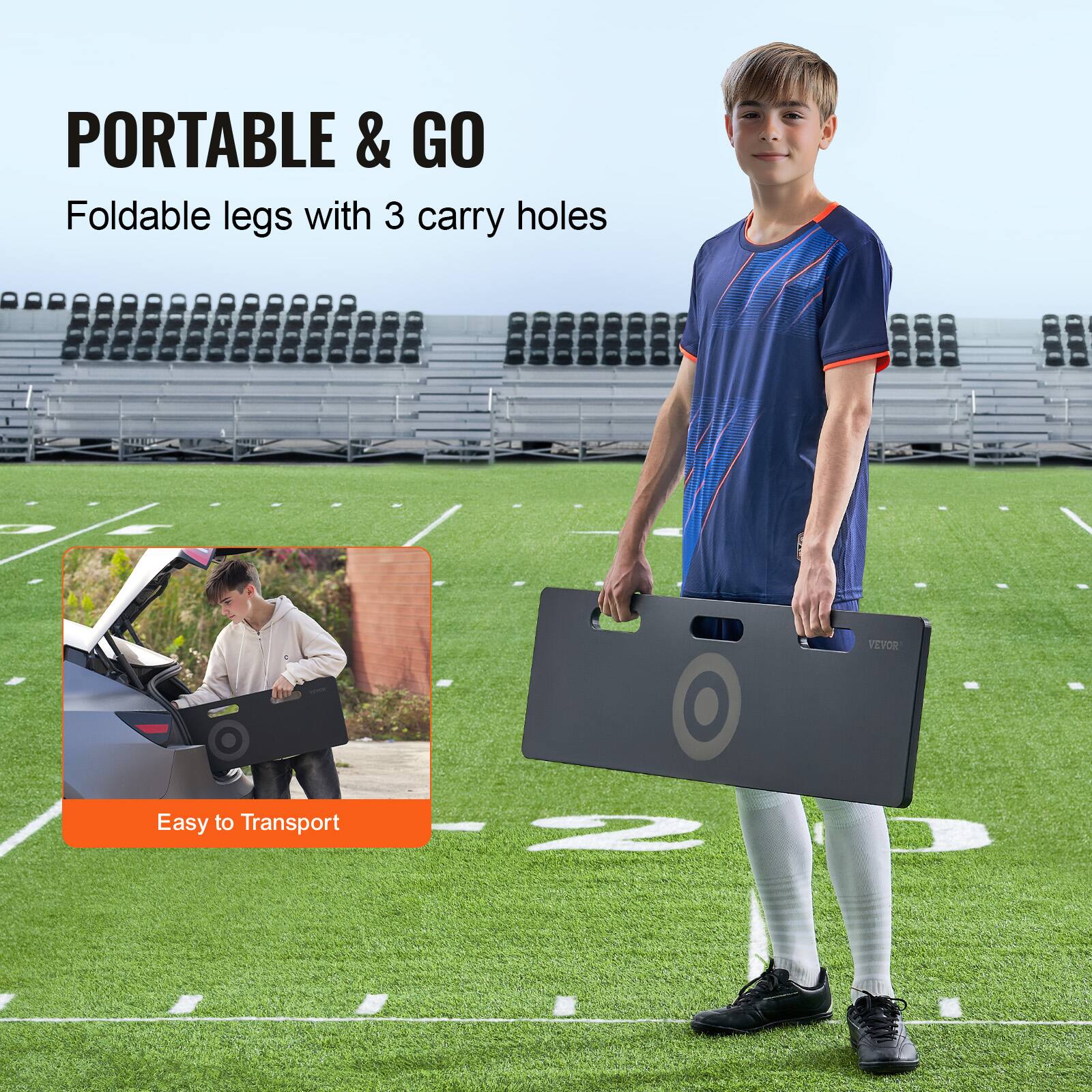PORTABLE & GO  
Foldable legs with 3 carry holes  

Easy to Transport
