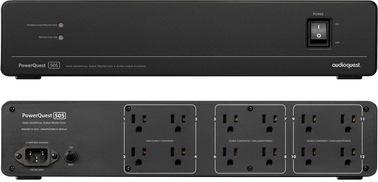 PowerQuest 505 Non-Sacrificial Surge Protection Ultra-Linear Filtering Designed in U.S.A. - Manufactured in Vietnam 13 Amps RMS High-Current Components Source Components Ultra-Linear Filtering 15A 2 4 6 8 10 12 Reset 120 VAC 60H2