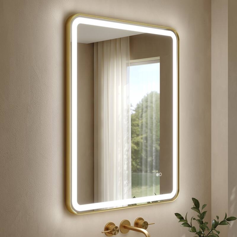 Angle. WELLFOR - 28 in. W x 36 in. H Anti-Fog LED Bathroom Mirror, Wall Bathroom Vanity Mirror with Framed Round Corner - Brushed Gold.