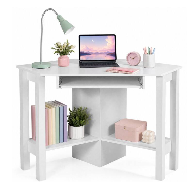 Alt View 5. WELLFOR - Corner Computer Desk with Keyboard Tray & Open Shelves , Triangle Writing Table Workstation for Home Office - White.