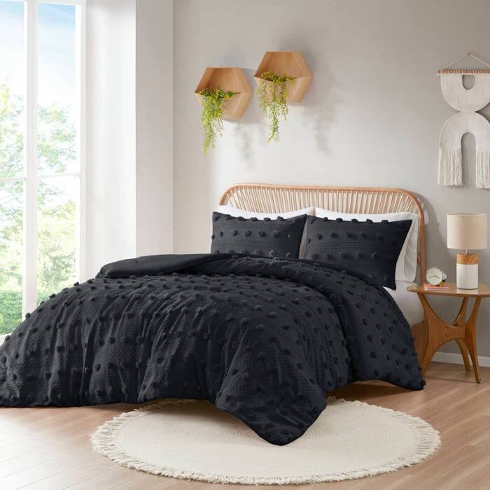Left. Hivvago - Twin/Twin XL 2 Piece Pompom Microfiber Hypoallergenic Comforter Set in Black - Black.