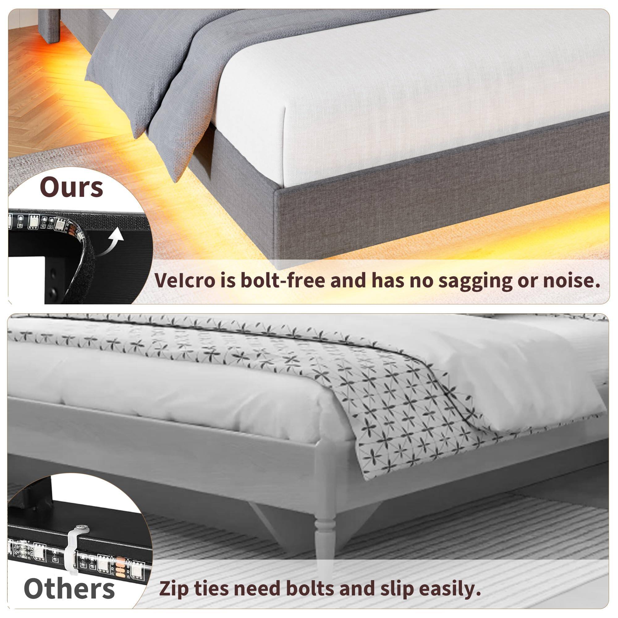 Ours  
Velcro is bolt-free and has no sagging or noise.

Others  
Zip ties need bolts and slip easily.