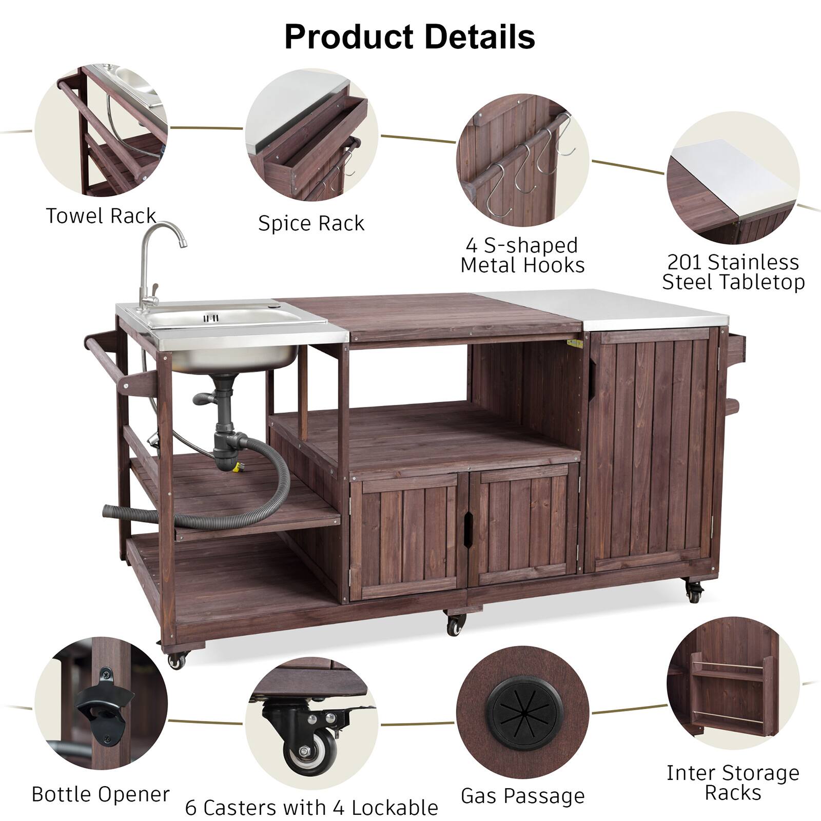 Product Details:  
- Towel Rack  
- Spice Rack  
- 4 S-shaped Metal Hooks  
- 201 Stainless Steel Tabletop  
- Bottle Opener  
- 6 Casters with 4 Lockable  
- Gas Passage  
- Inter Storage Racks