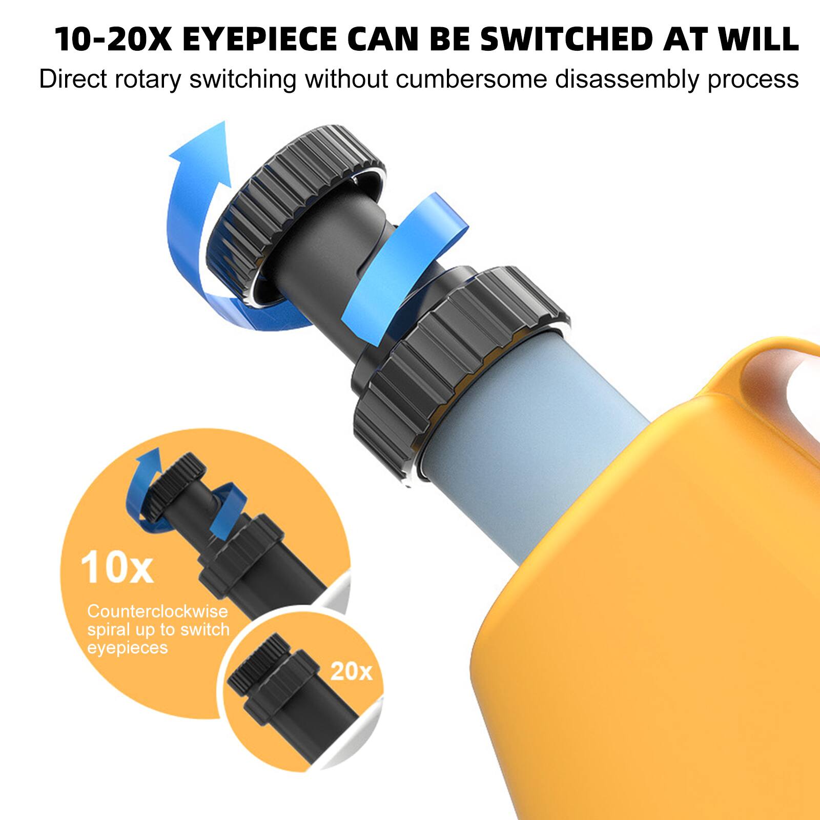 10-20X EYEPIECE CAN BE SWITCHED AT WILL  
Direct rotary switching without cumbersome disassembly process  

10x  
Counterclockwise spiral up to switch eyepieces  

20x