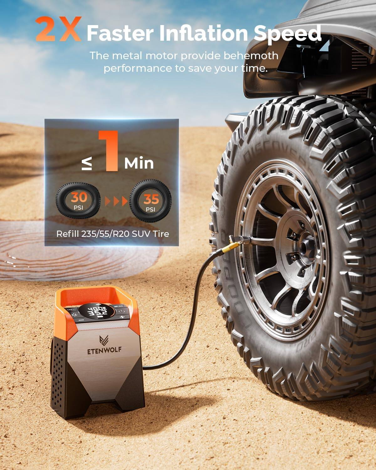 2X Faster Inflation Speed  
The metal motor provides behemoth performance to save your time.  
1 Min  
30 PSI  
35 PSI  
Refill 235/55/R20 SUV Tire  
ETENWOLF