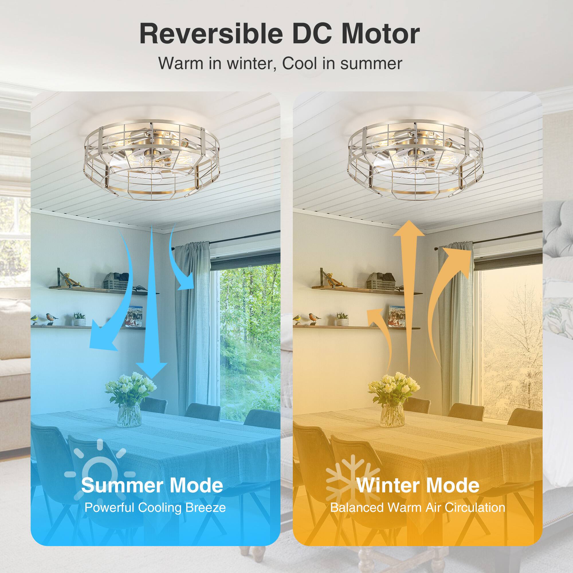 Reversible DC Motor  
Warm in winter, Cool in summer  

Summer Mode  
Powerful Cooling Breeze  

Winter Mode  
Balanced Warm Air Circulation