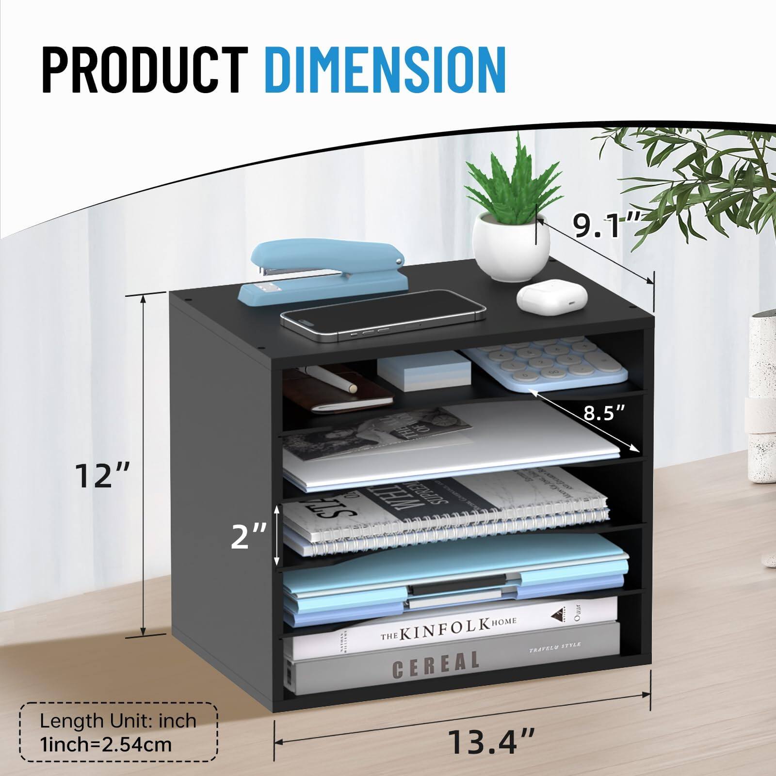 PRODUCT DIMENSION

- Length: 13.4"
- Width: 9.1"
- Height: 12"
- Shelf Depth: 8.5"
- Shelf Height: 2"

Length Unit: inch
1 inch = 2.54 cm