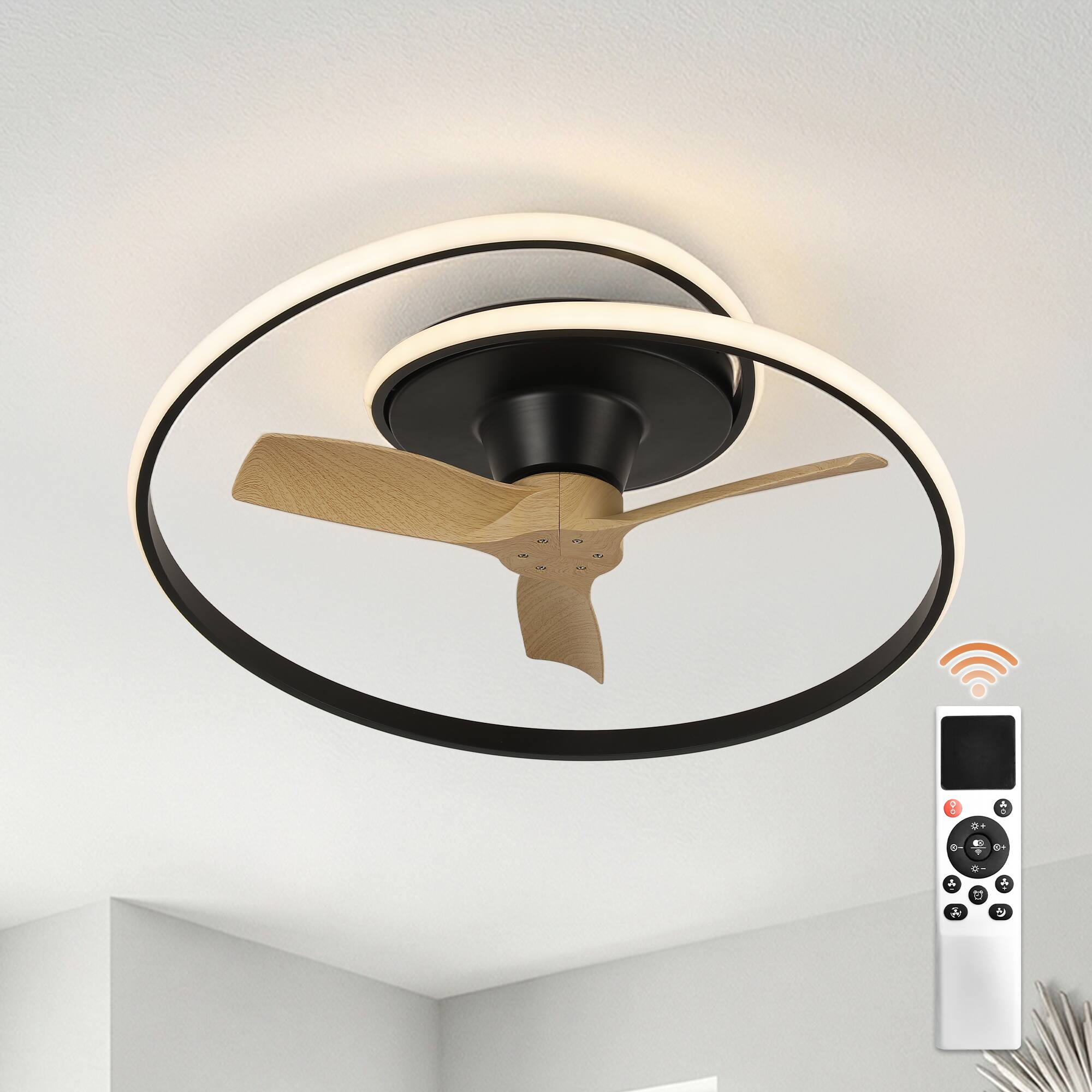 Vaczon - 30" Modern LED Flush Mount Ceiling Fan with Light and Remote Control, Low-Profile Caged Ceiling Fan for Bedroom - Black