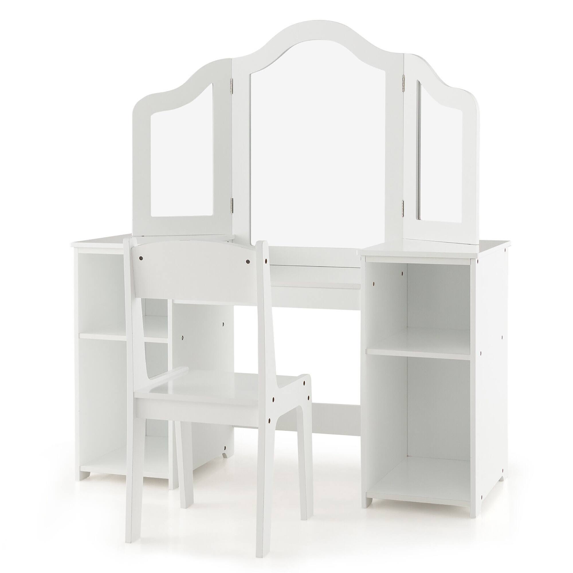 Alt View 8. Gymax - Gymax Kids Vanity 2 in 1 Princess Makeup Desk & Chair Set Safe Tri-fold Mirror White - White.