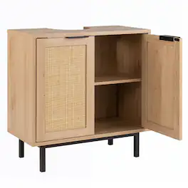 Costway - Under Sink Storage Cabinet with U-Shaped Cut-Out 2 Rattan Doors & Shelf Metal Legs - Natural