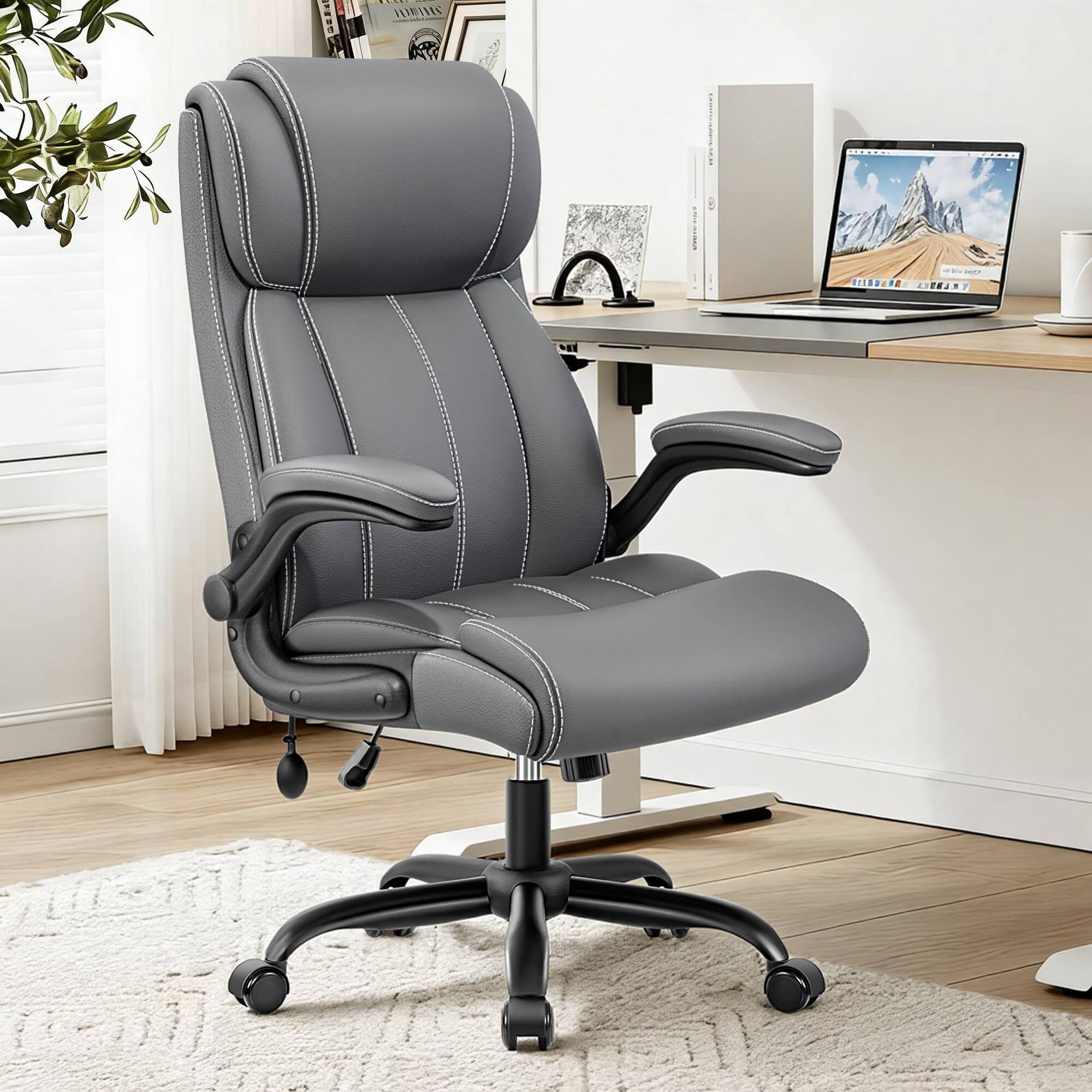 KERDOM - Ergonomic Office Chair - Desk Computer Chair, PU Leather High Back Executive Chair, Inflatable Lumbar Support, Wide Seat - Gray - Thumbnail 2