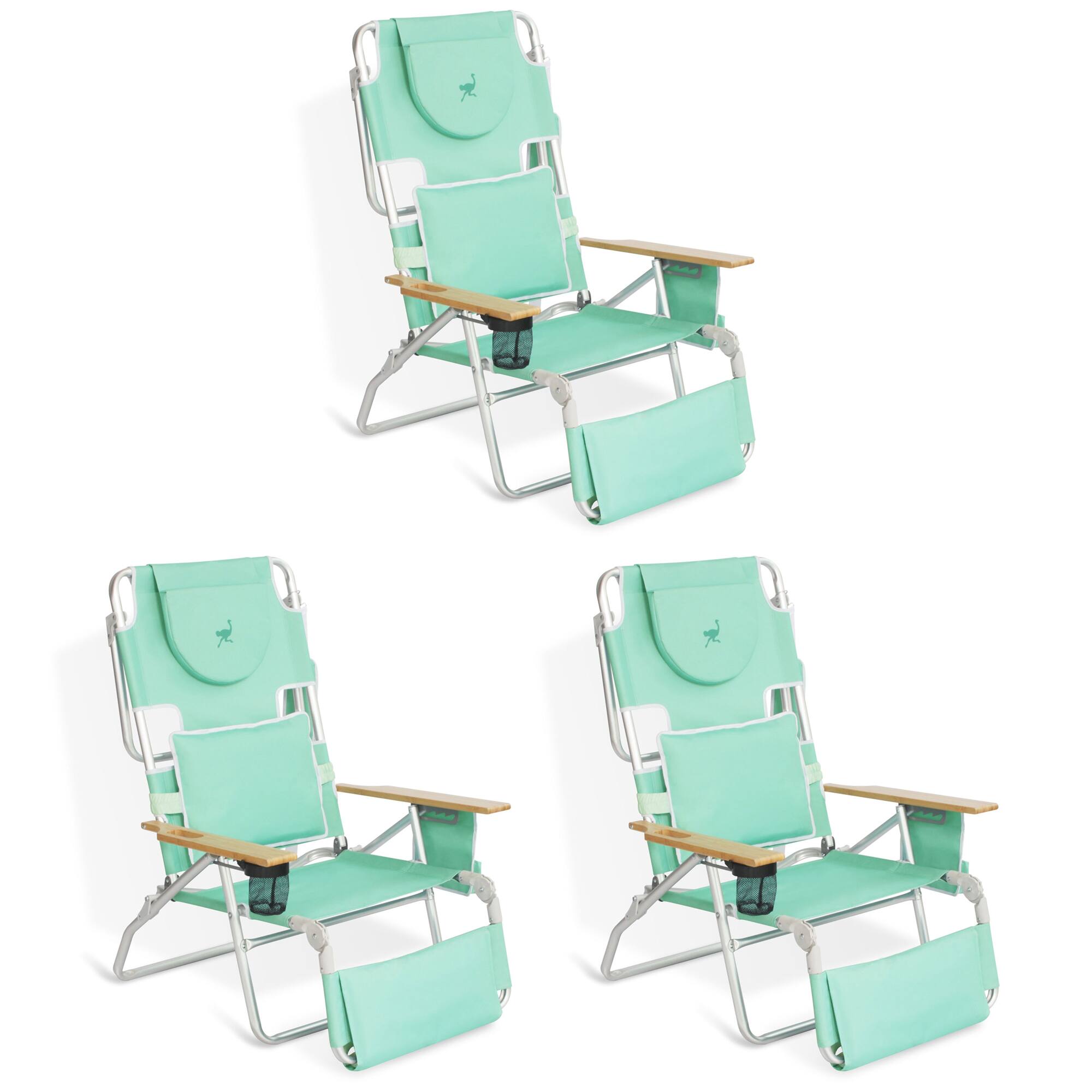 Front. Ostrich - Ostrich Deluxe Padded 3-N-1 Outdoor Folding Reclining Beach Chair, Teal (3 Pack) - Teal.
