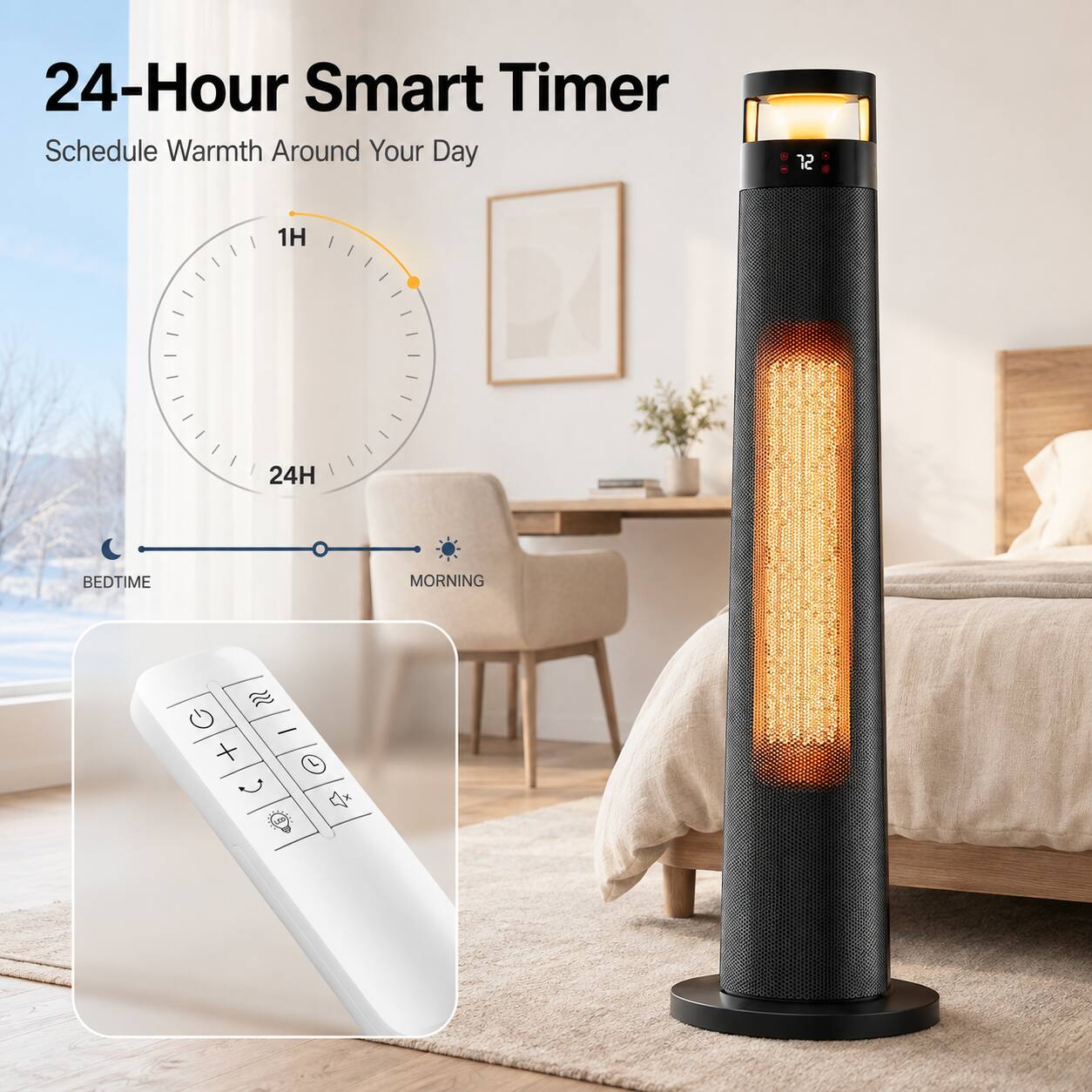 24-Hour Smart Timer  
Schedule Warmth Around Your Day  

1H  
24H  

BEDTIME  
MORNING  

G - +  
4x