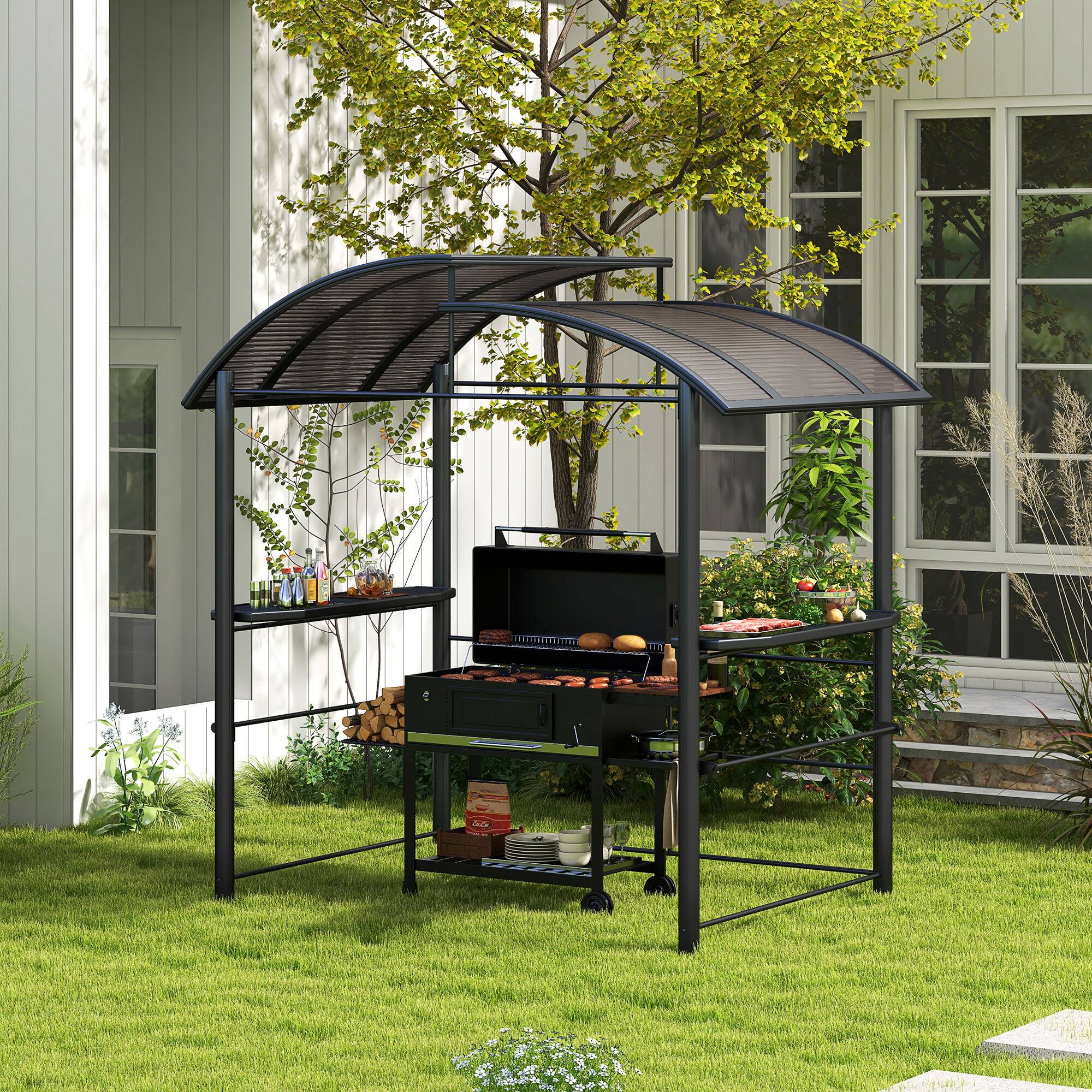 Alt View 1. Outsunny - 8' x 5' Grill Gazebo Shelter with Interlaced Vented Polycarbonate Roof, Outdoor BBQ Canopy with Side Shelves - Dark Gray.
