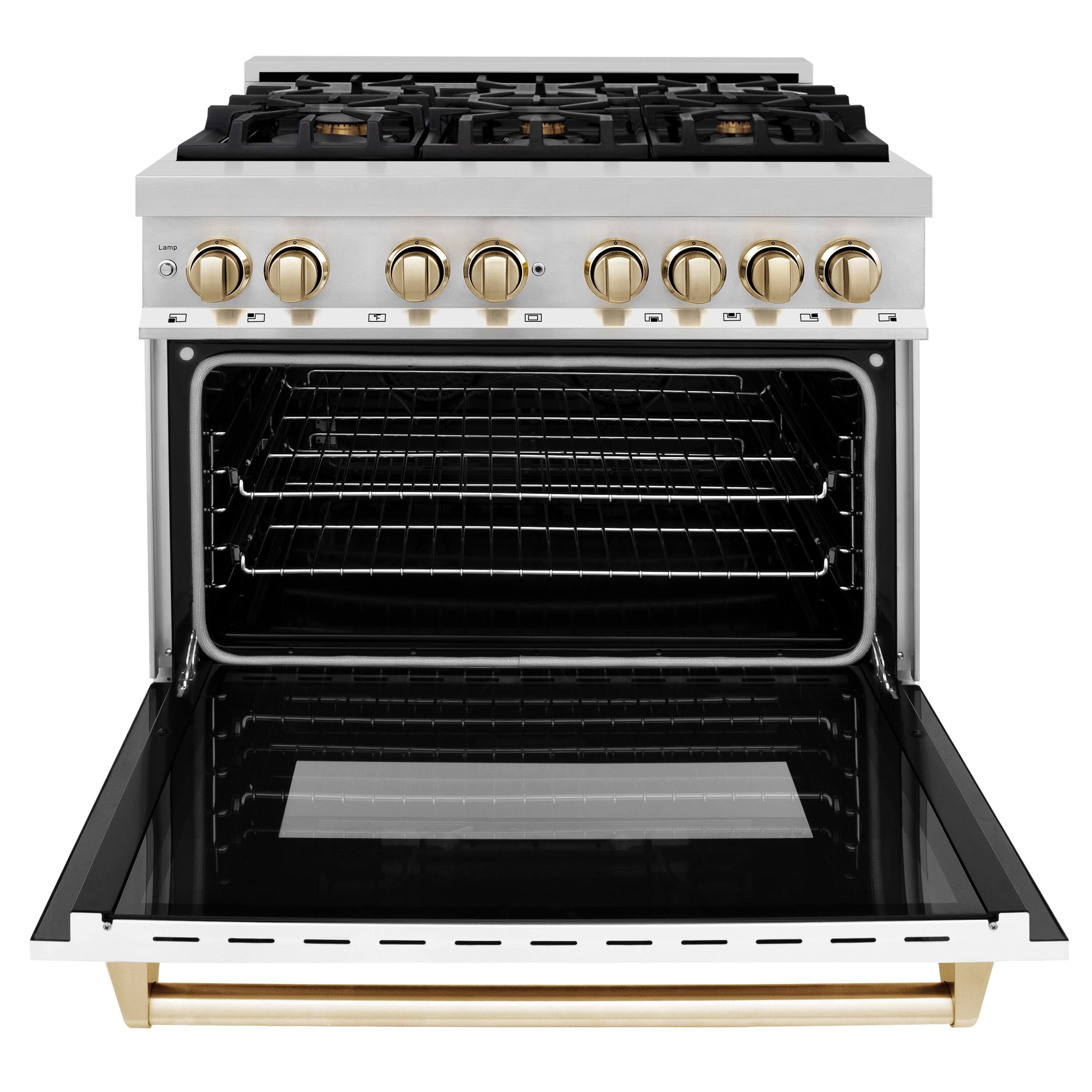 Left. ZLINE - Autograph 36" Legacy Dual Fuel Range w/ 6 Burners & White & Gold Accents (RAZ-WM-36-G) - Stainless steel.