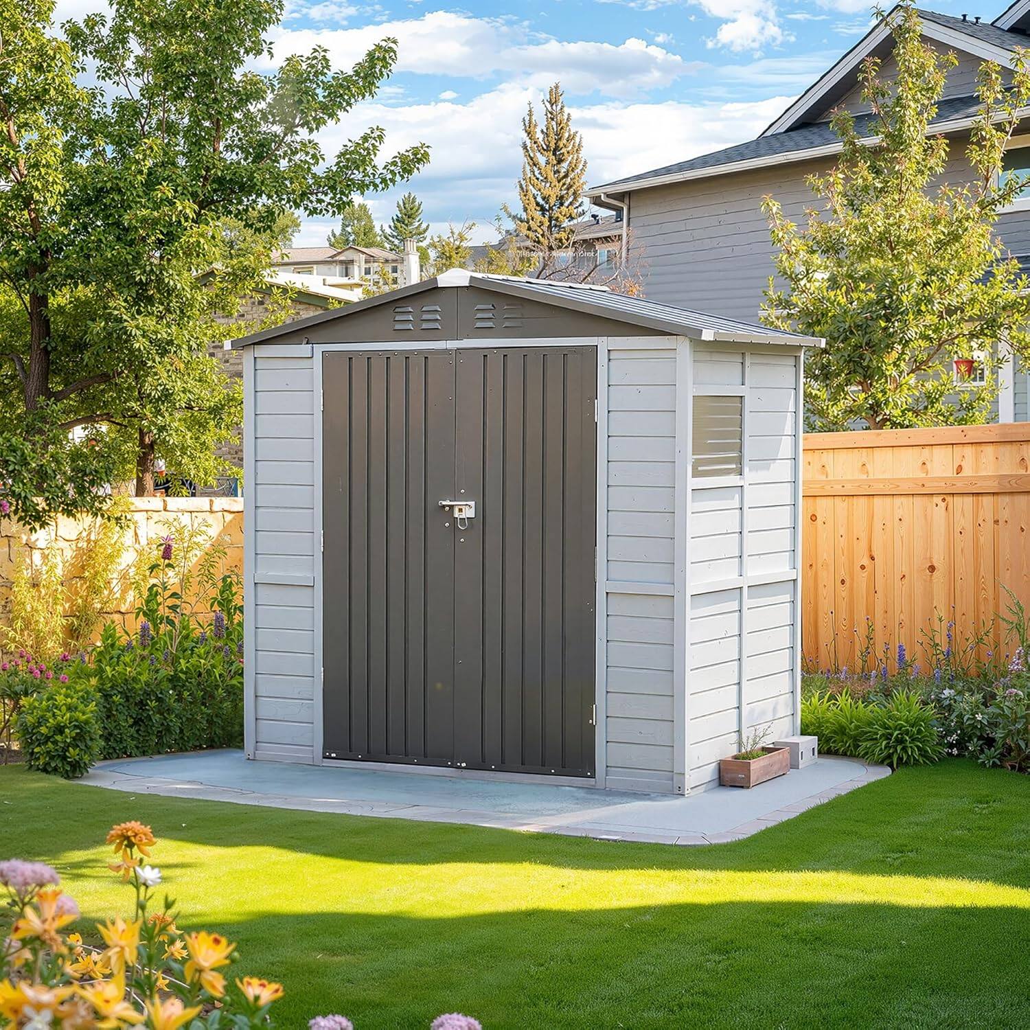 Angle. Yardgrace - 6x4 FT Outdoor Wood Storage Shed with Windows, Waterproof Garden Shed for Backyard Patio, 4 Vents No Floor - Grey.