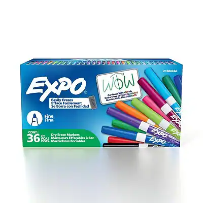 2138424A
EXPO
WOW
Most Vibrant
CLATANTE ind OuF l PMA VIRANTE
Encre Mhar Ete
Easily Erases
Efface Facilement
Se Borra con Facilidad
Fine
Fina
EXPO CONT.
CT
Dry Erase Markers
EXPO EX 36 FCAS
Mrqueurs Effacables a Sec
PZAS.
Marcadores Borrables EXPO
