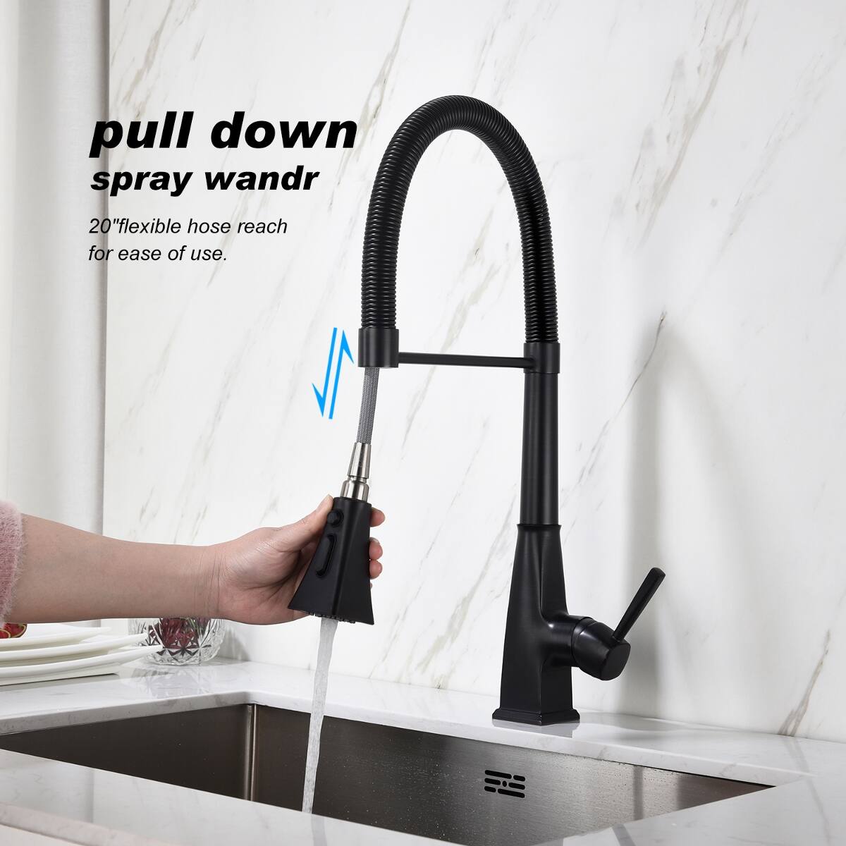 pull down spray wand  
20" flexible hose reach for ease of use.
