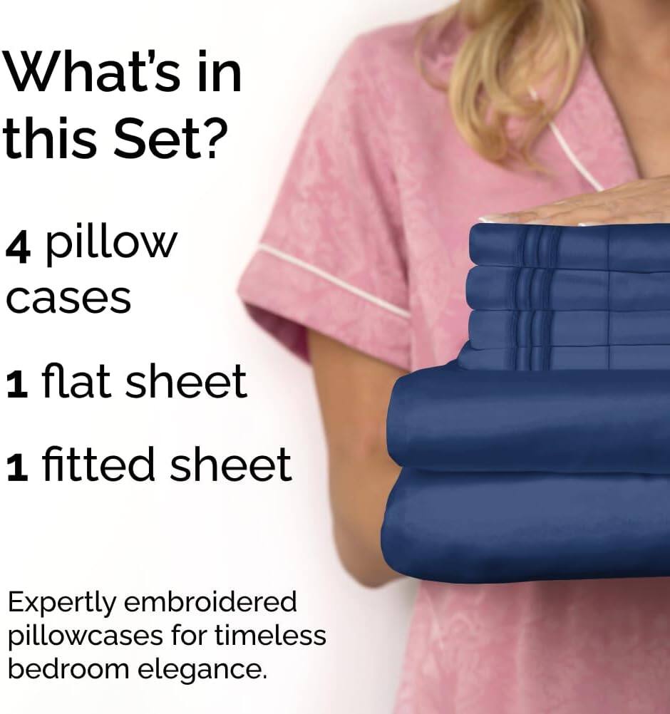 What's in this Set?  
4 pillow cases  
1 flat sheet  
1 fitted sheet  

Expertly embroidered pillowcases for timeless bedroom elegance.