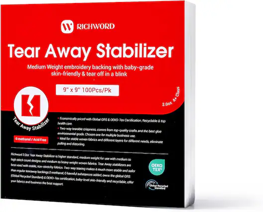 1. RICHWORD Tear Away Stabilizer
Medium Weight embroidery backing with baby-grade skin-friendly & tear off in a blink
9" X 9" 100Pcs/Pk
Class A+ 2.0oz
Economically priced with Global GRS & OEKO-TEX Certification, Recyclable & top health care.
Two-way tearable crispness, comes from top-quality crafts and the best glue environmental grade.
Chosen one for multiple business use.
0 methanal / Acid Free
Ideal for stable woven fabrics and different layers for different needs, eliminate pulling and distorting.
Richword 2.0oz Tear Away Stabilizer is higher standard, medium weight for use with medium high stitch count designs and medium to heavy weight woven fabrics.
Tear Away best used with stable, non-stretchy fabrics.
Two-way tearing makes it much more stable than regular tearaway and safer backings.
0 harmful substances added, owns the Global Recycled Standard (GRS) & OEKO-TEX certification, baby-level skin-friendly and recyclable, offering your fabrics and business the best support.