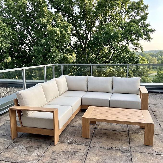 Left. Acanva - Acanva Ciela L-Shaped Outdoor Patio Sofa with Coffee Table - Beige + Oak wood grain.