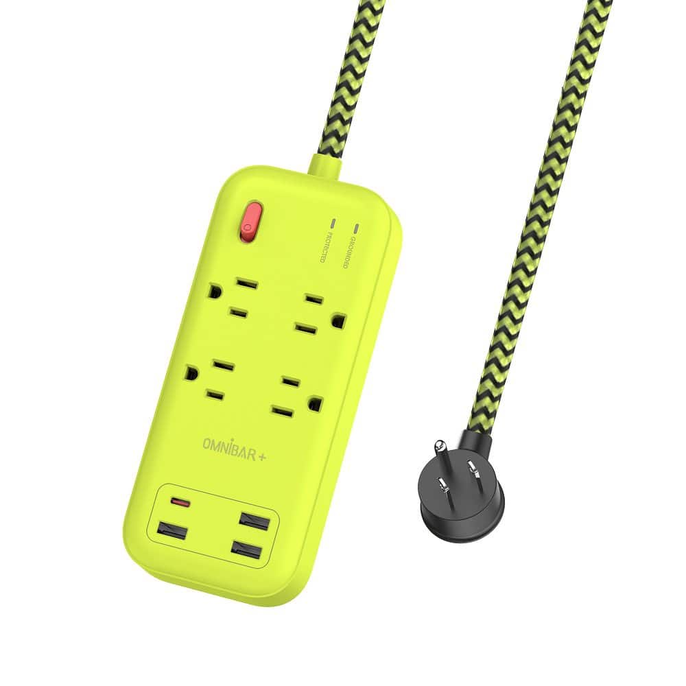 Omnibar - Plus 6 Ft Power Strip Surge Protector, 4 Outlets 4 USB Ports (3 USB A), Maxpw Ultra Thin Flat Extension Cord & Flat Plug - yellow green