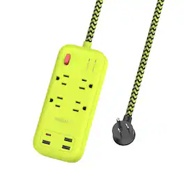Omnibar - Plus 6 Ft Power Strip Surge Protector, 4 Outlets 4 USB Ports (3 USB A), Maxpw Ultra Thin Flat Extension Cord & Flat Plug - yellow green